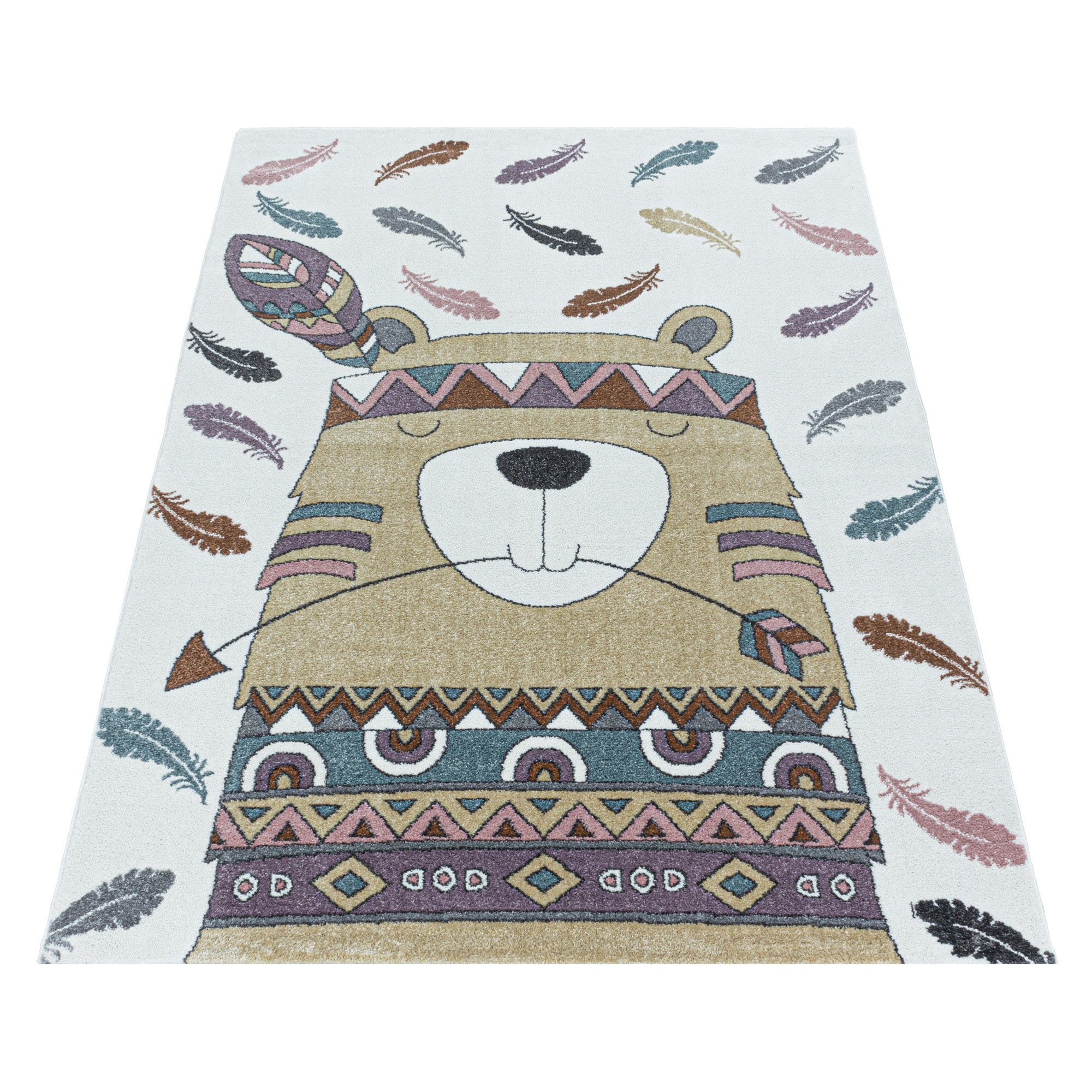 Kurzflor Kinderteppich Gelb Bär mit Feder Motiv Design Kinderzimmer Teppich Weich