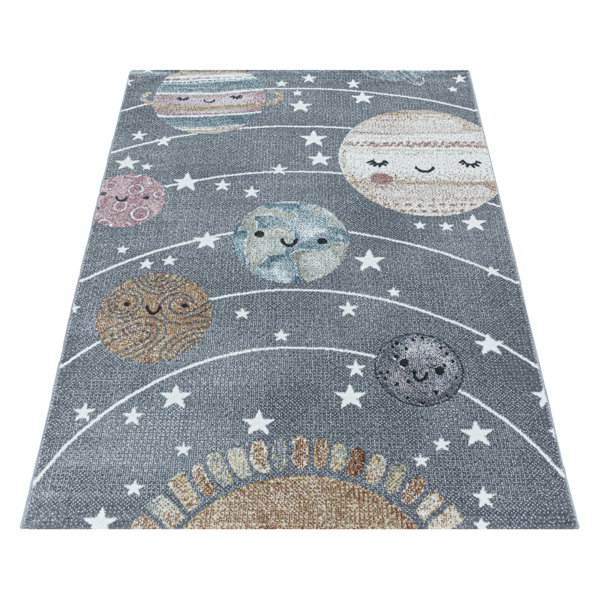 Kurzflor Kinderteppich Grau Planet Weltall Sonne Mond Design Kinderzimmerteppich