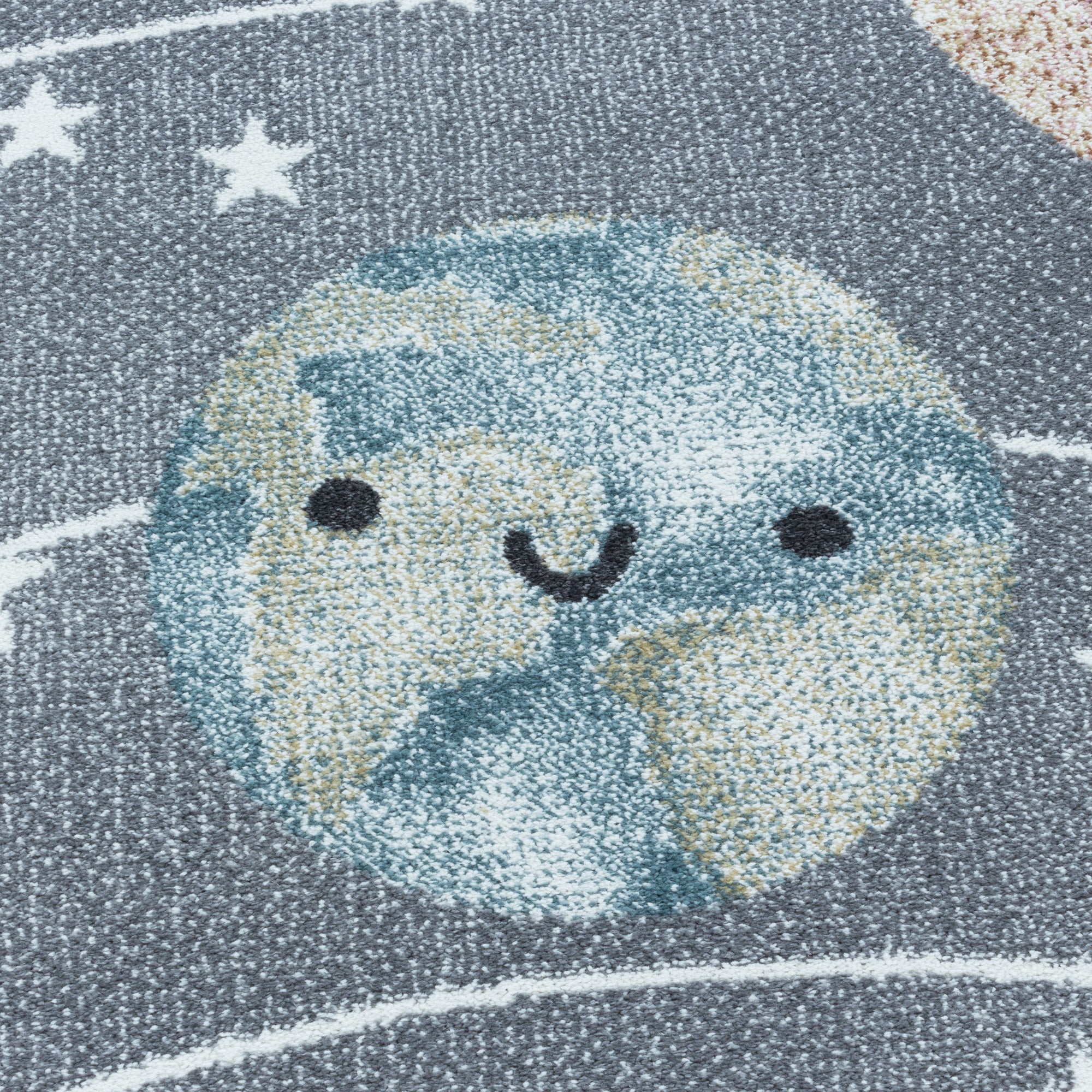 Kurzflor Kinderteppich Grau Planet Weltall Sonne Mond Design Kinderzimmerteppich