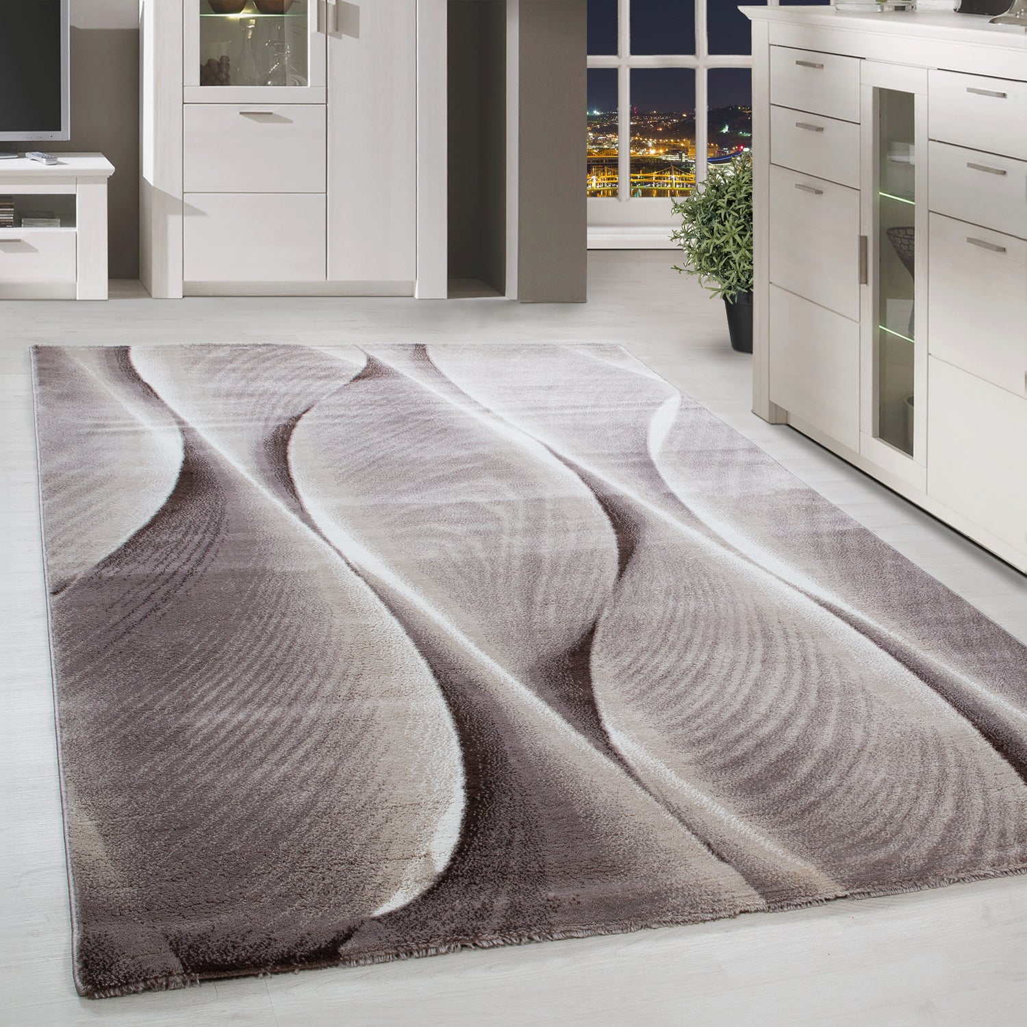 Kurzflor Teppich für Wohnzimmer Teppich Läufer Schatten Muster Beige Weiss mel.