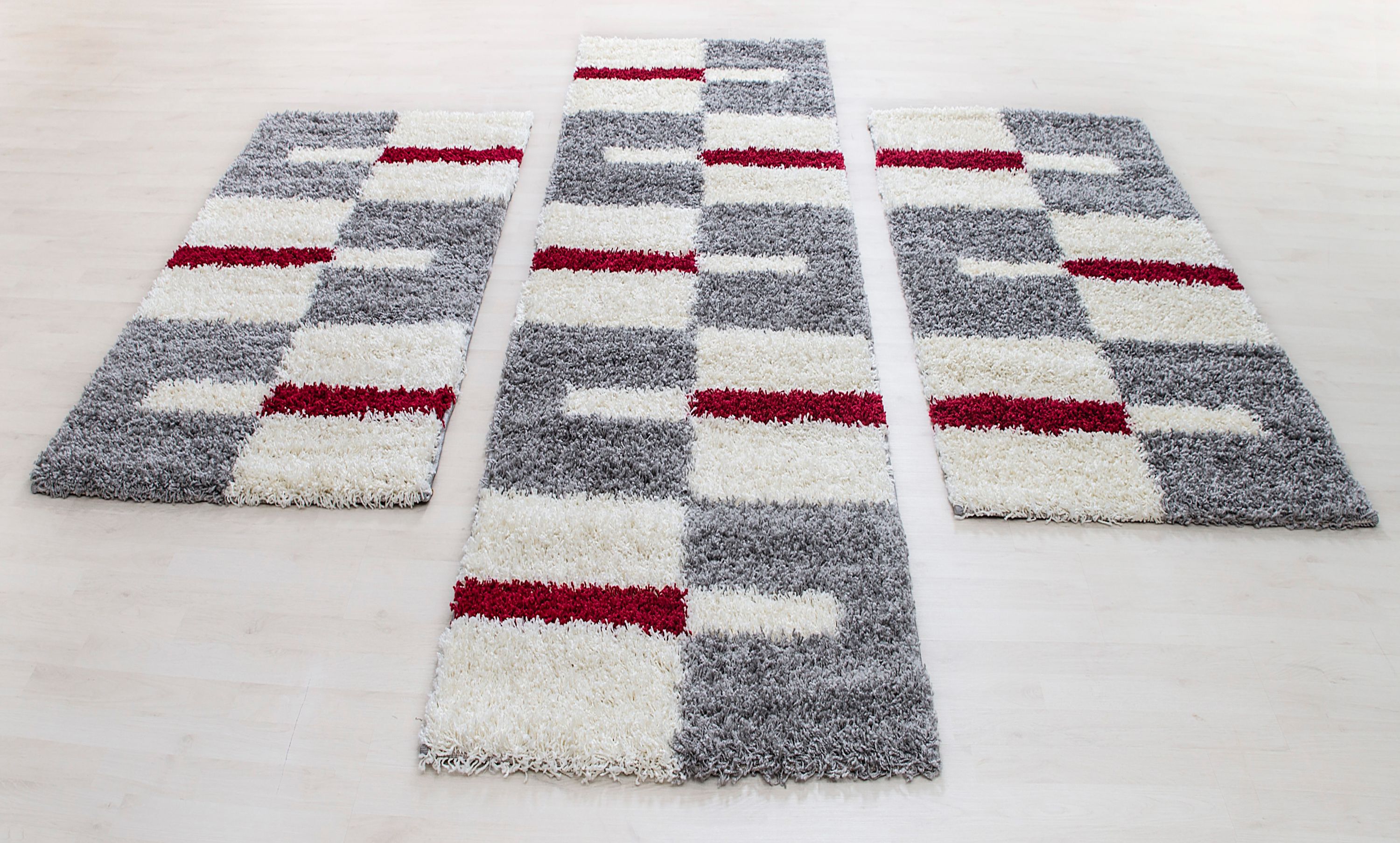 Shaggy Läuferset Hochflor Teppich-Set Bettumrandung Rot Grau Weiss 3er Set