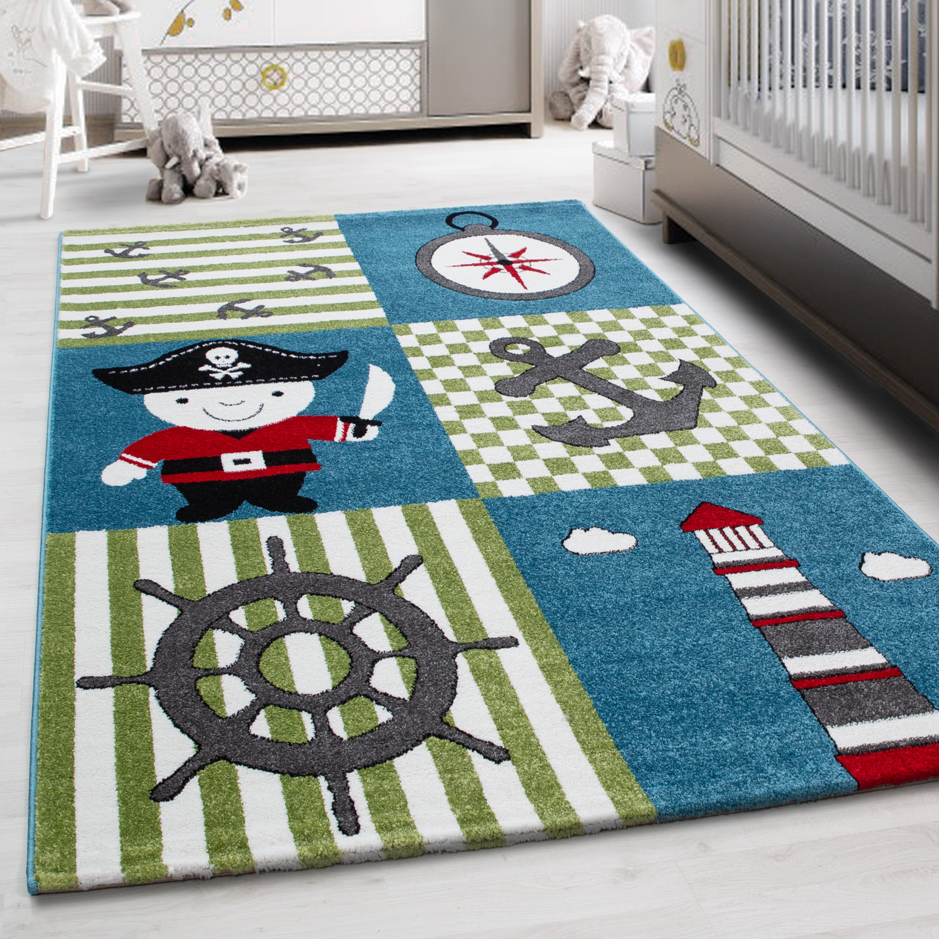 Kinderteppich Kurzflor Pirat Design Kinderzimmer kariert gemustert