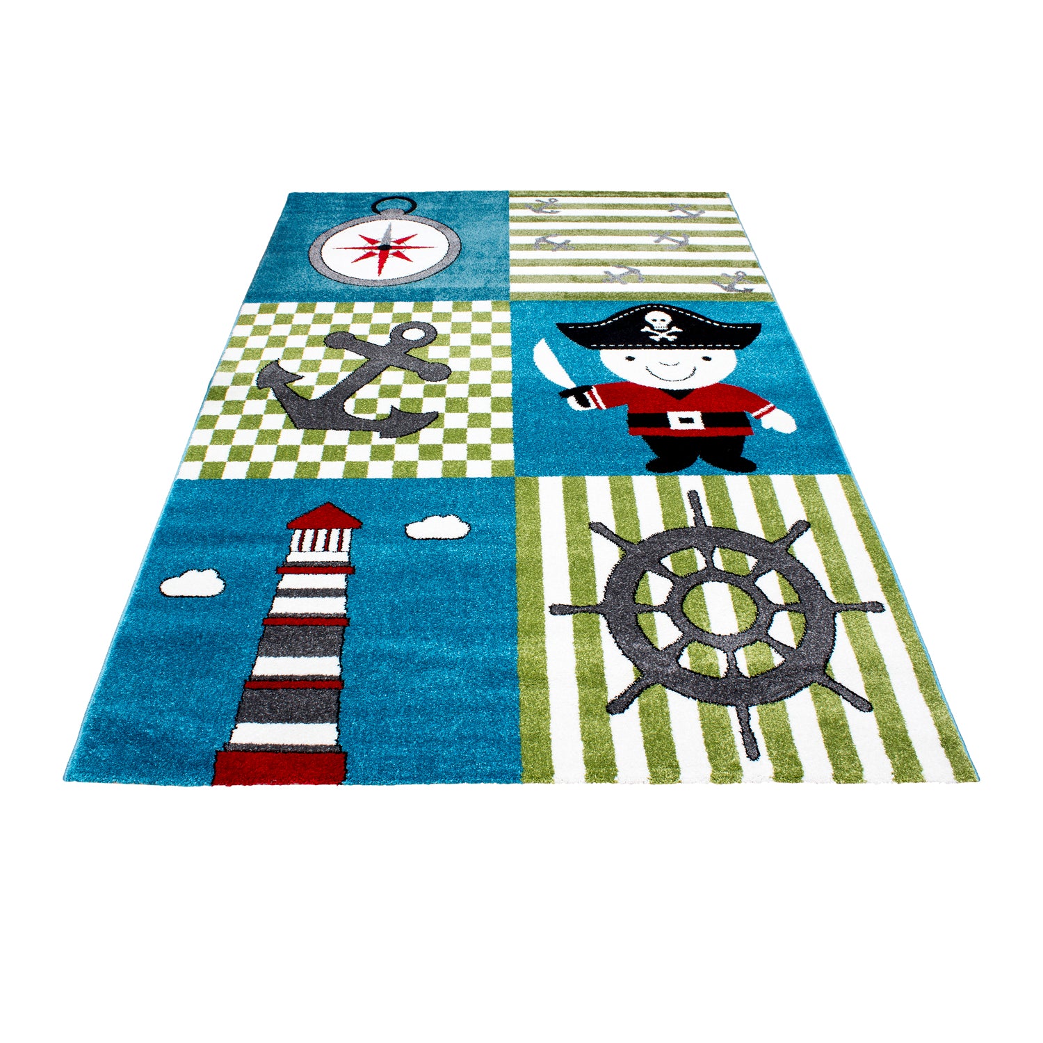 Kinderteppich Kurzflor Pirat Design Kinderzimmer kariert gemustert