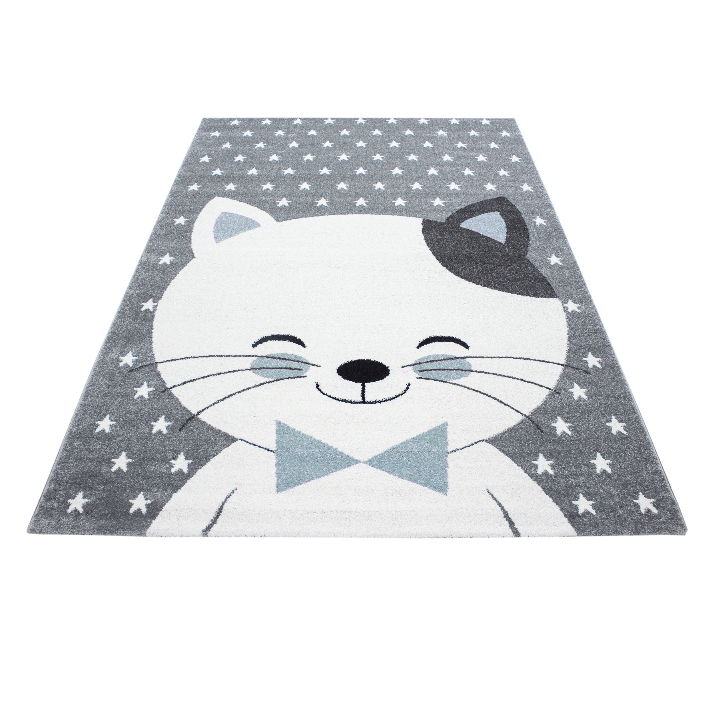 Kinderteppich Kurzflor Katze Lächeln Kinderzimmer Babyzimmer Grau Blau Meliert