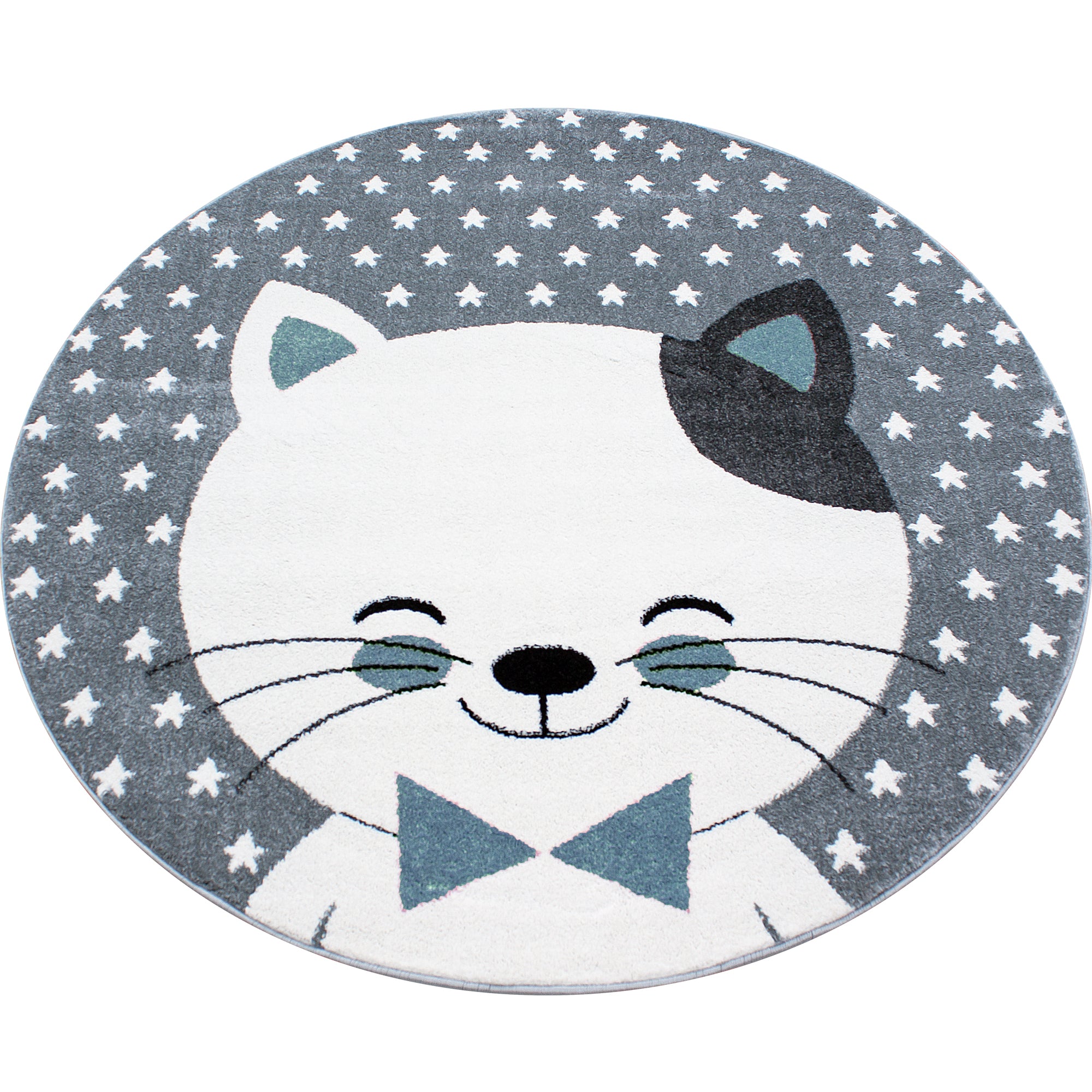 Kinderteppich Kurzflor Katze Lächeln Kinderzimmer Babyzimmer Grau Blau Meliert