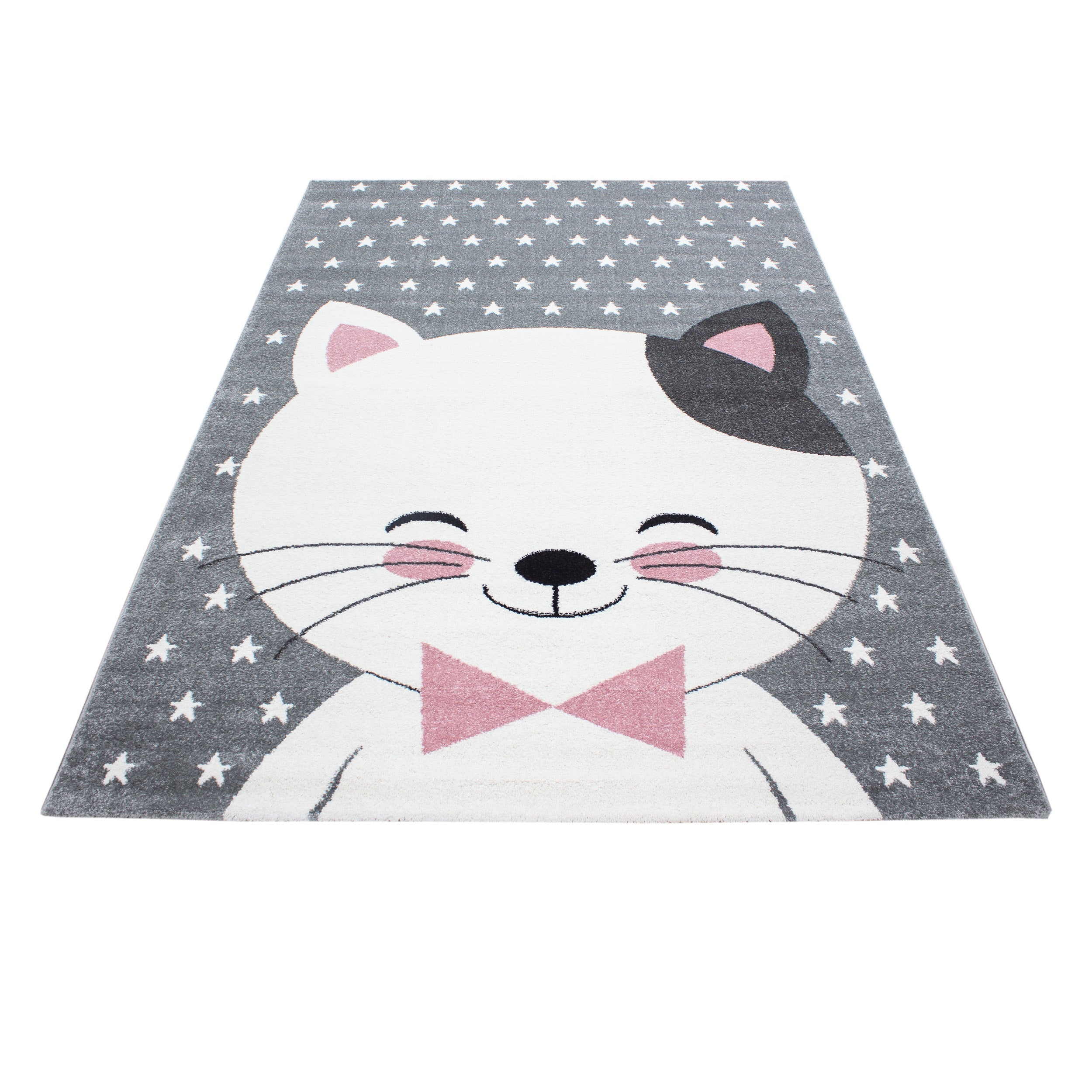 Kinderteppich Kurzflor Katze Lächeln Kinderzimmer Babyzimmer Grau Pink Meliert