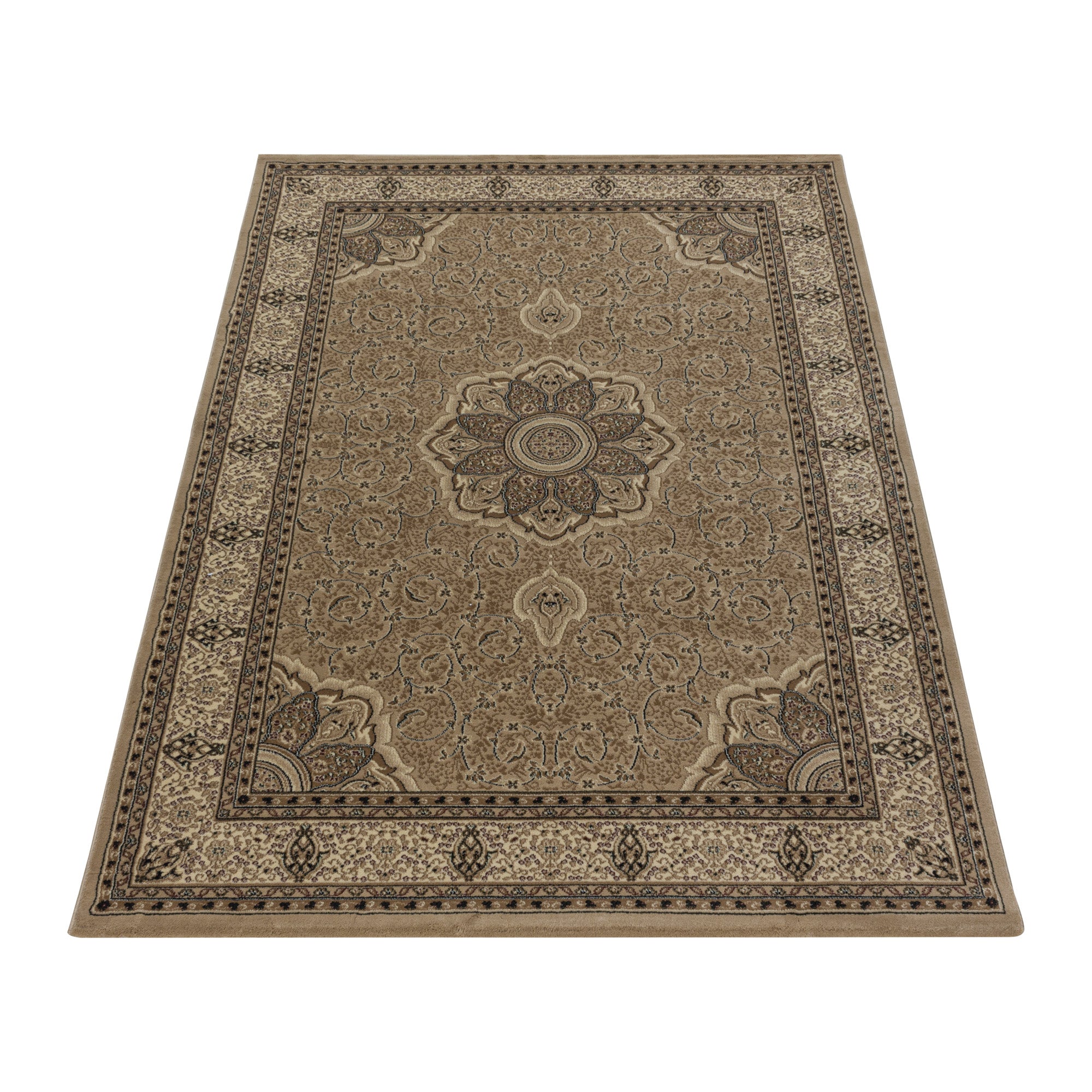 Kurzflor Orient Teppich Klassik Design Ornamente Bordüre Wohnzimmerteppich Beige