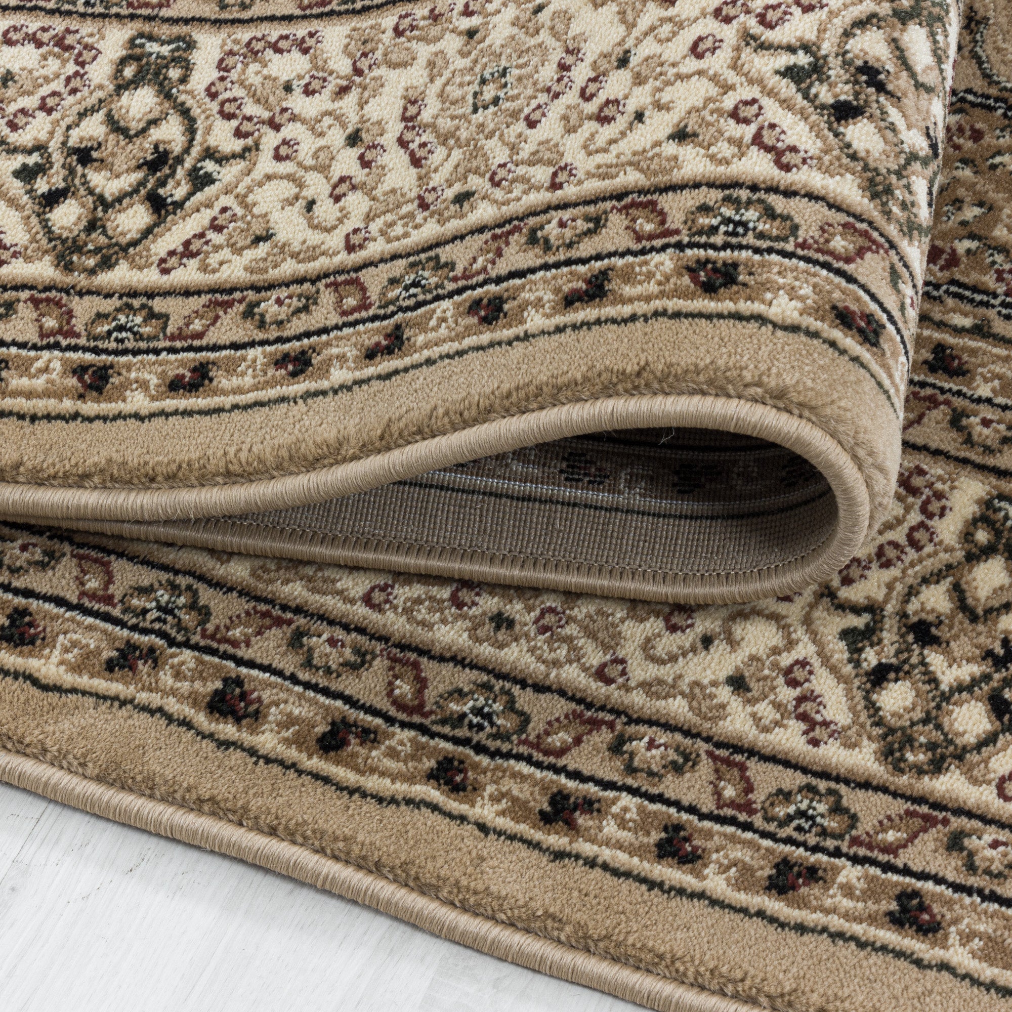 Kurzflor Orient Teppich Klassik Design Ornamente Bordüre Wohnzimmerteppich Beige