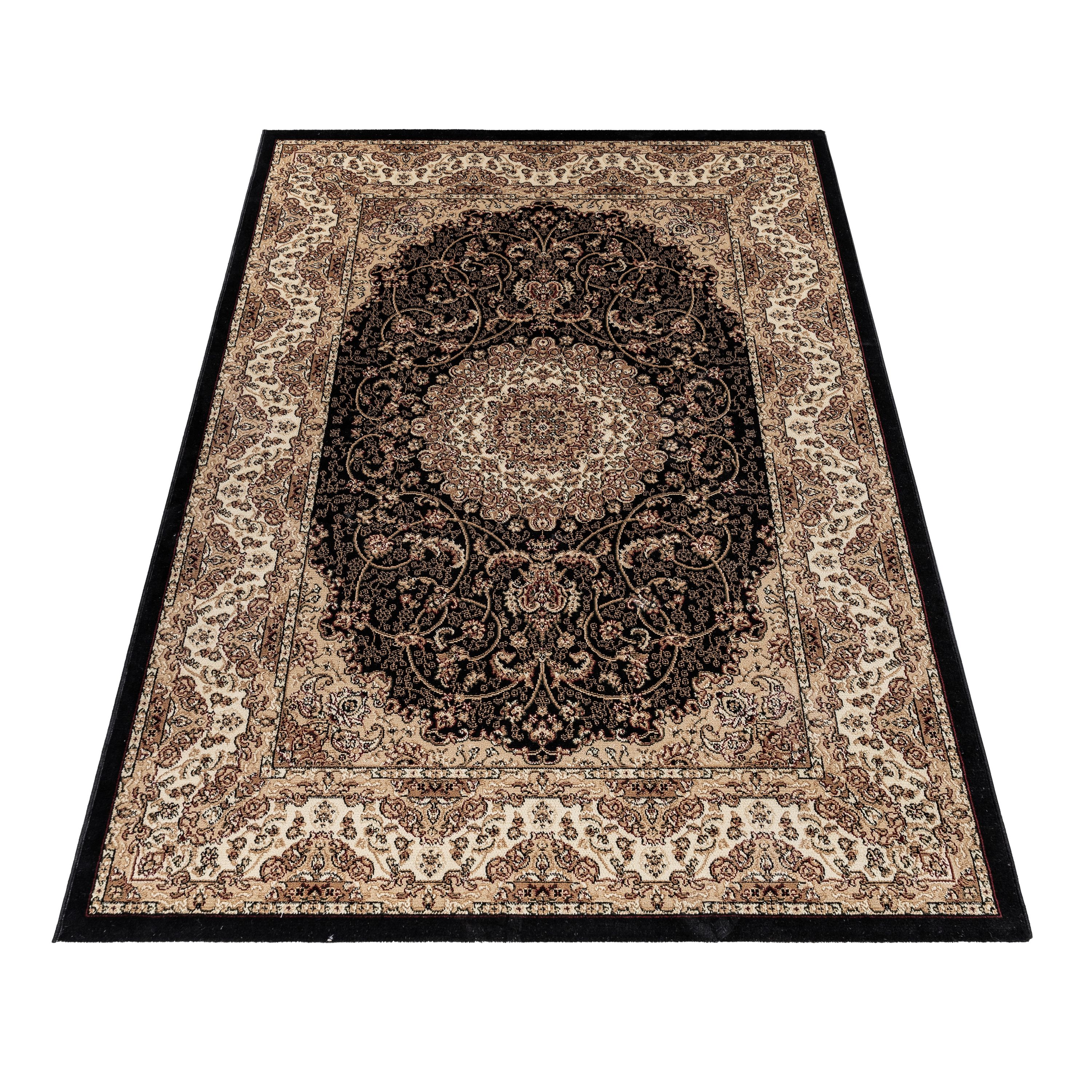 Kurzflor Orient Teppich Klassik Design Antike Bordüre Wohnzimmerteppich Schwarz