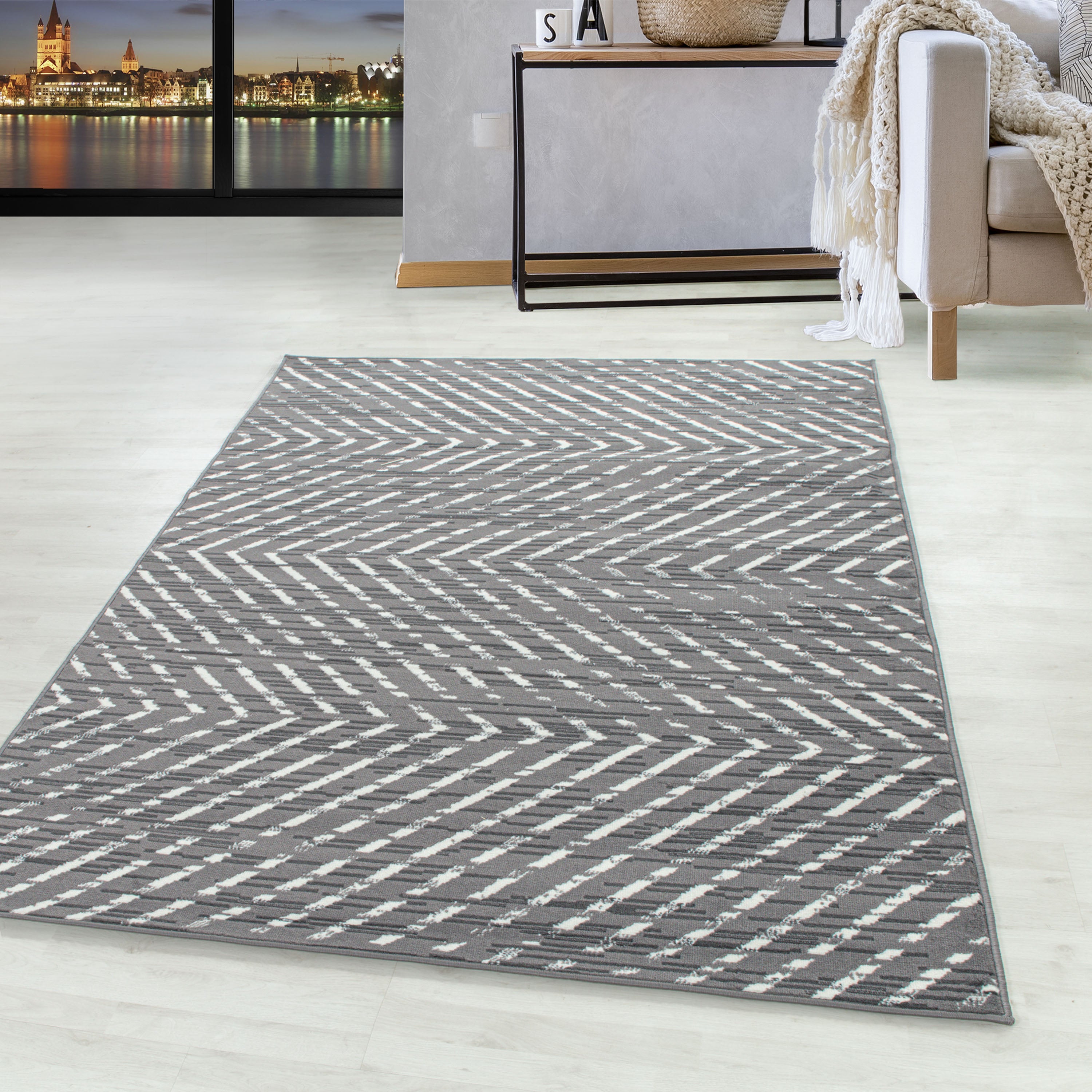 Kurzflor Teppich Modernes Struktur Muster Wohnzimmerteppich Flor Weich Grau