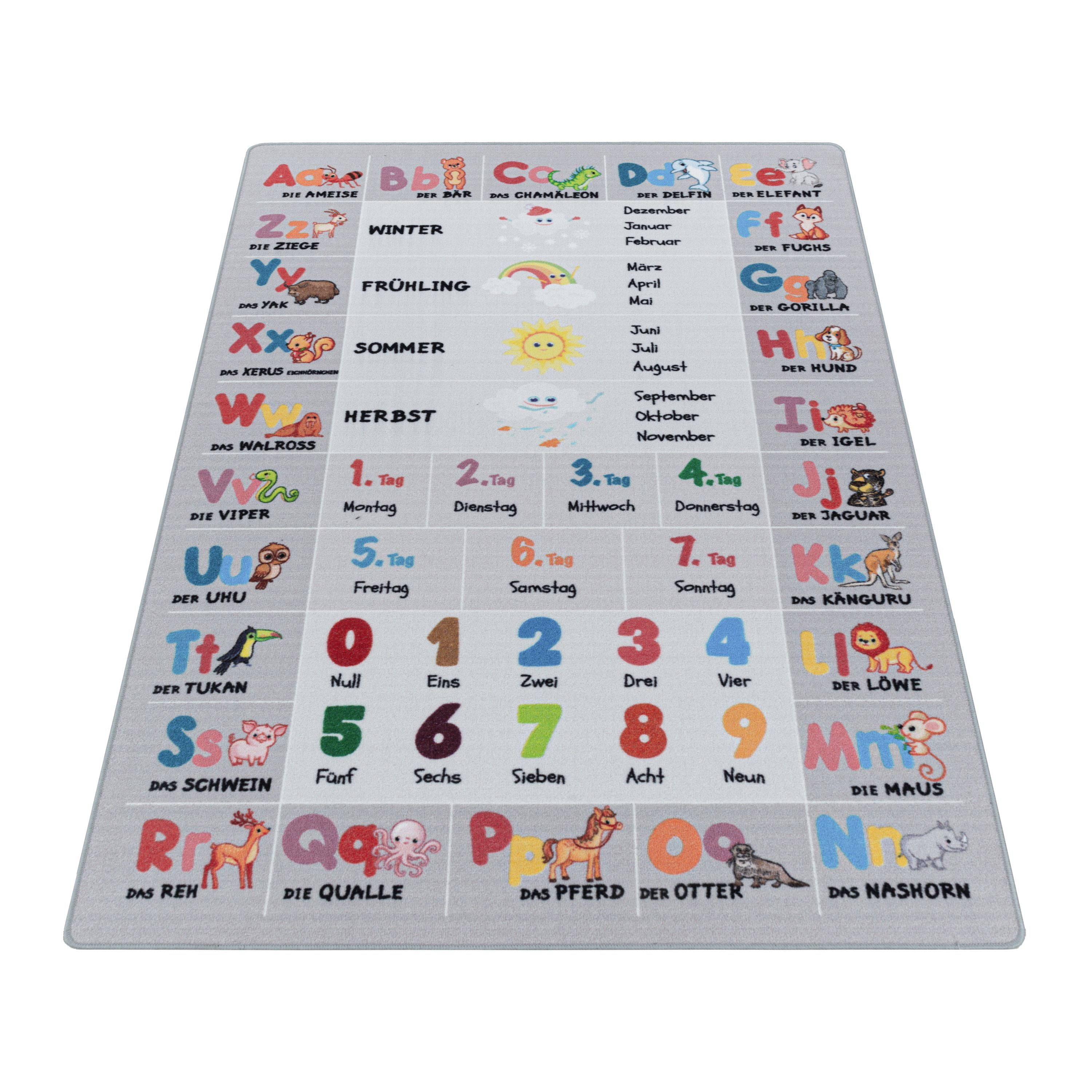 Kurzflor Kinderteppich Kinderzimmer Teppich Buchstaben Zahlen Jahreszeiten Grau