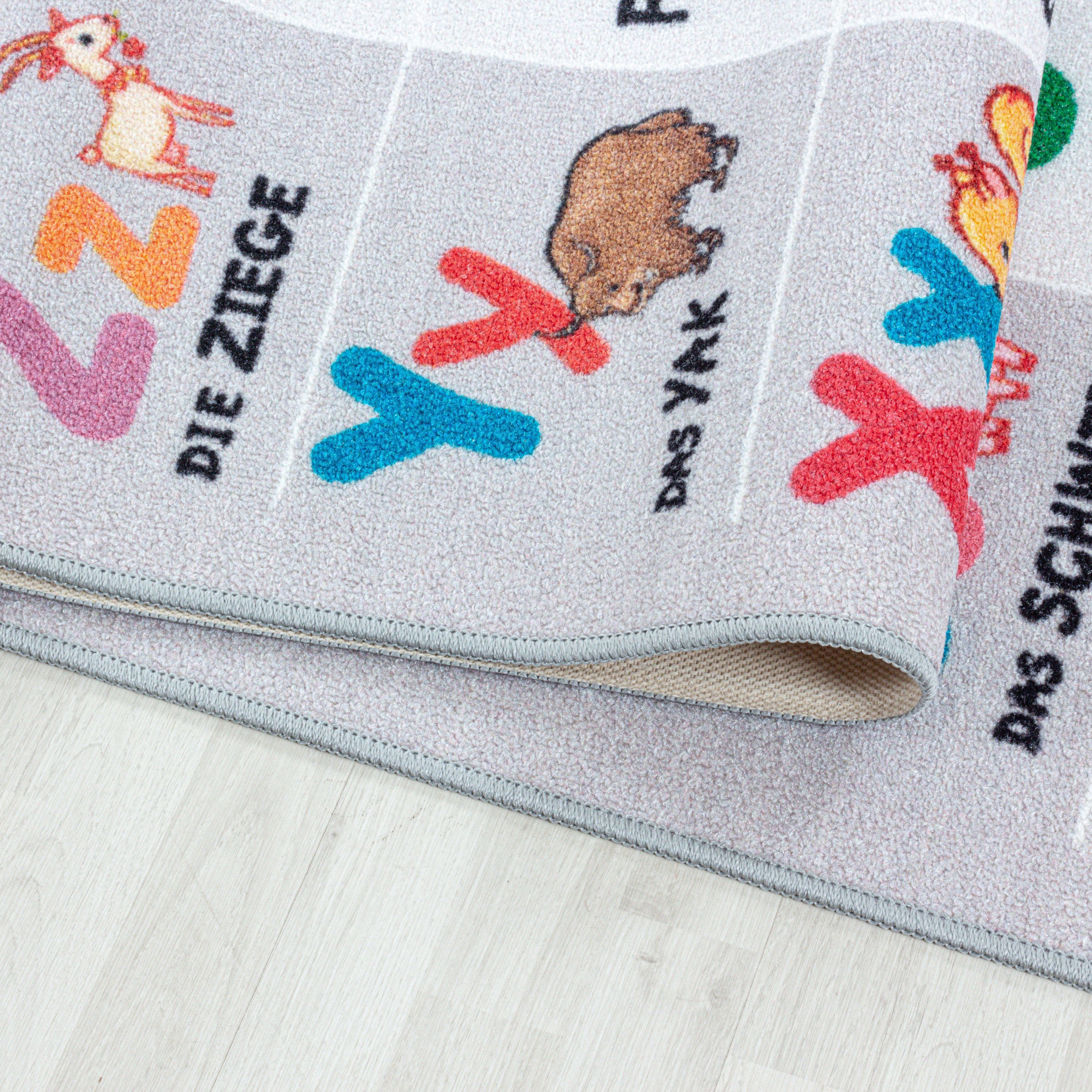 Kurzflor Kinderteppich Kinderzimmer Teppich Buchstaben Zahlen Jahreszeiten Grau