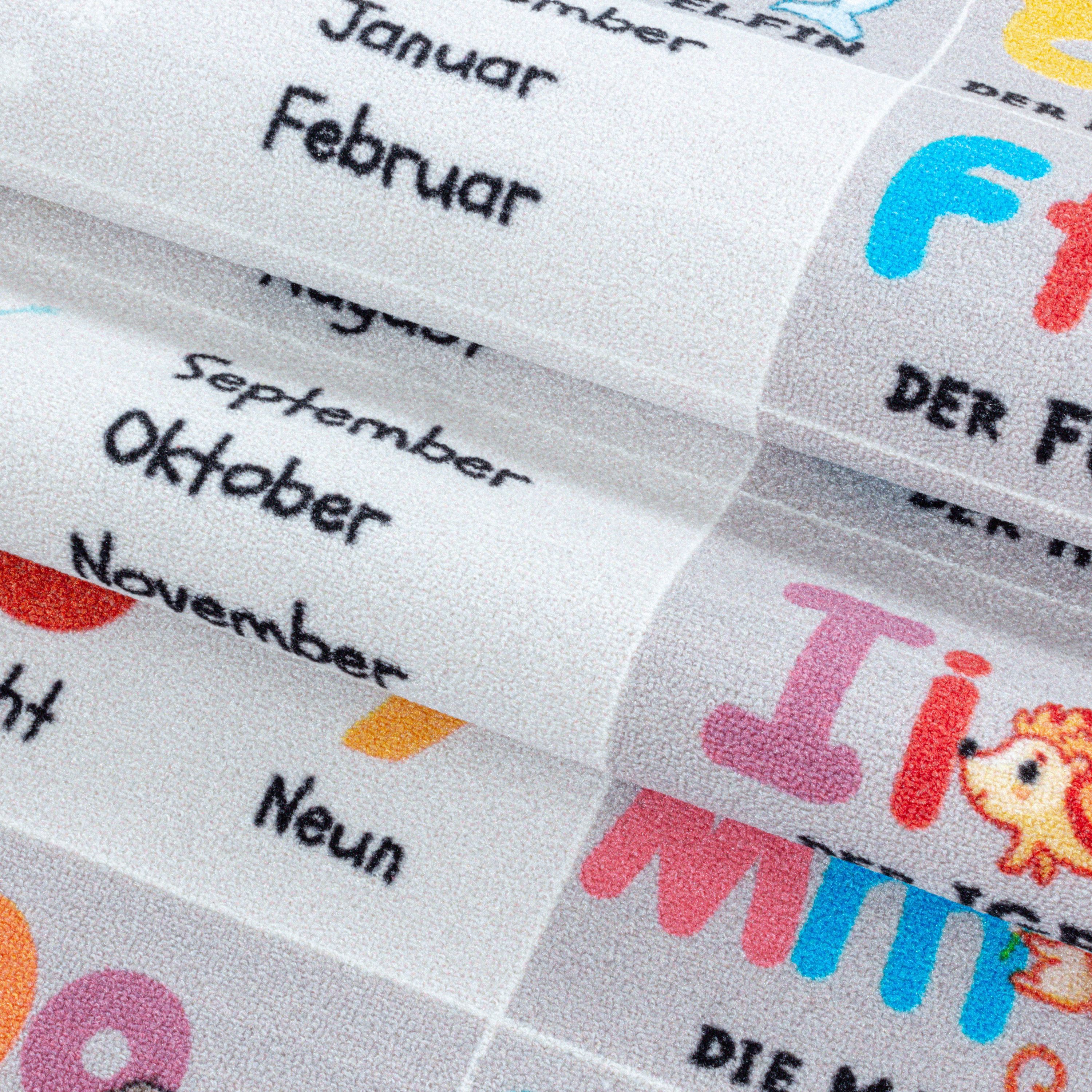 Kurzflor Kinderteppich Kinderzimmer Teppich Buchstaben Zahlen Jahreszeiten Grau