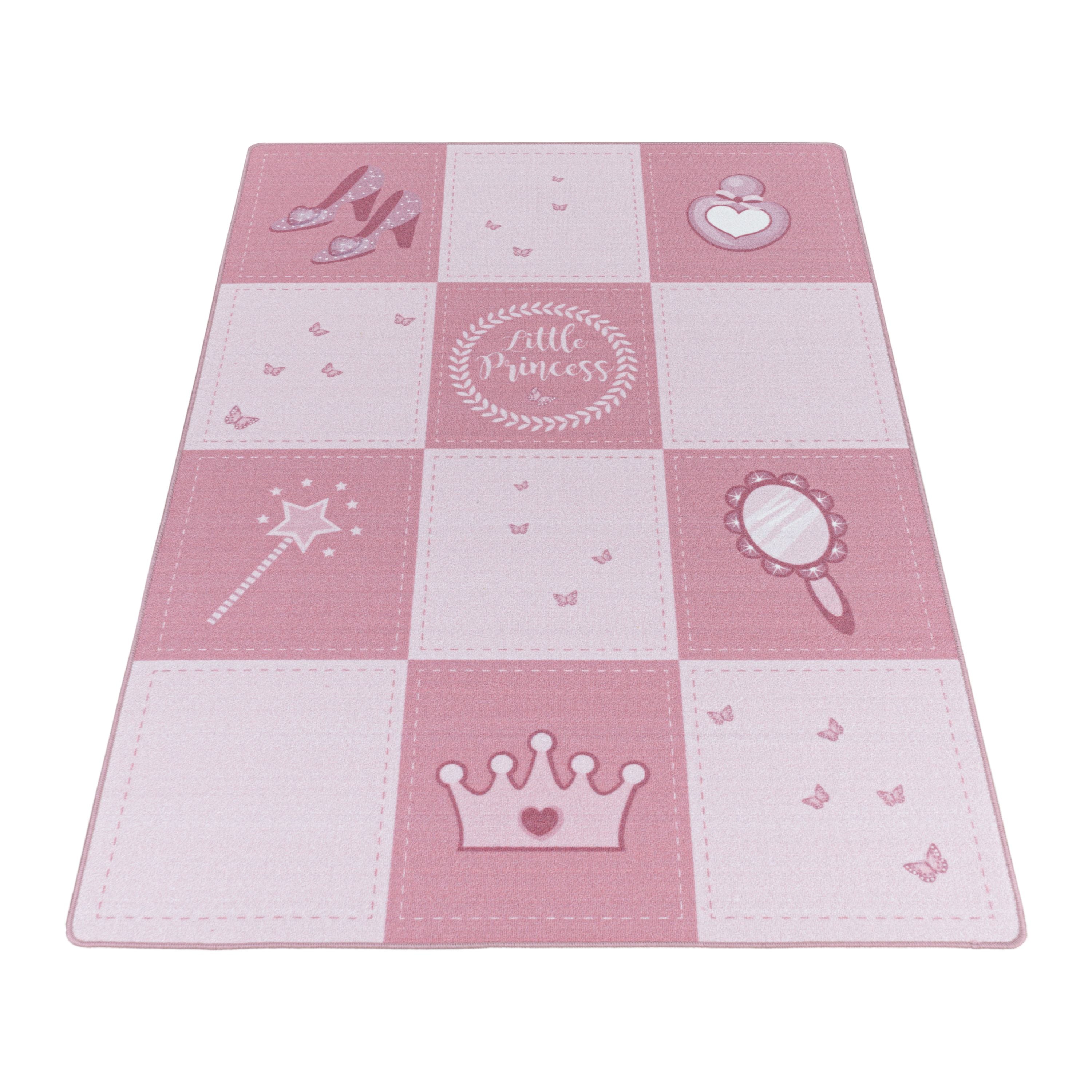 Kurzflor Kinderteppich Kinderzimmer Teppich Prinzessin Krone Zauberstab Pink
