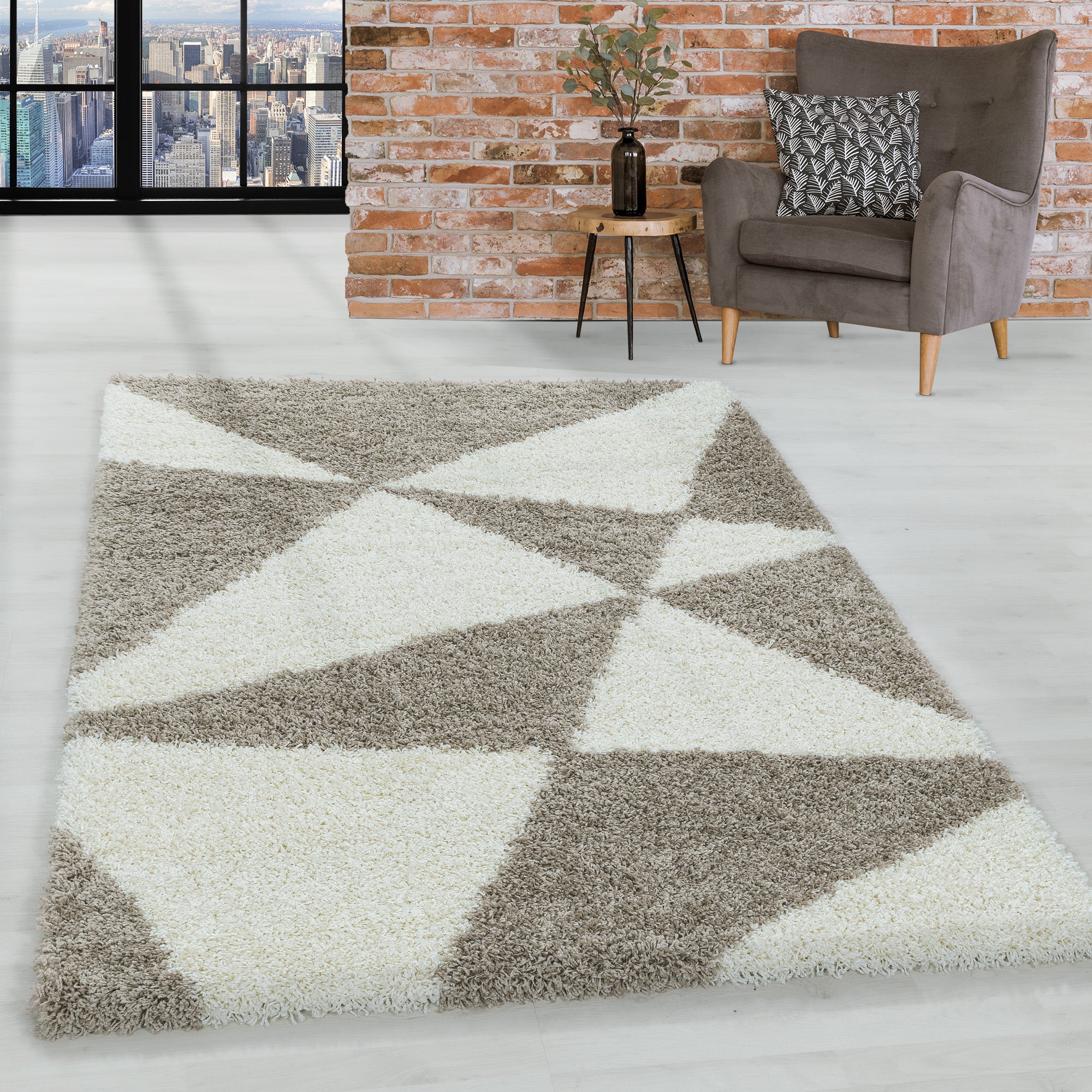 Design Hochflor Teppich Wohnzimmerteppich Dreieck Muster Abstrakt