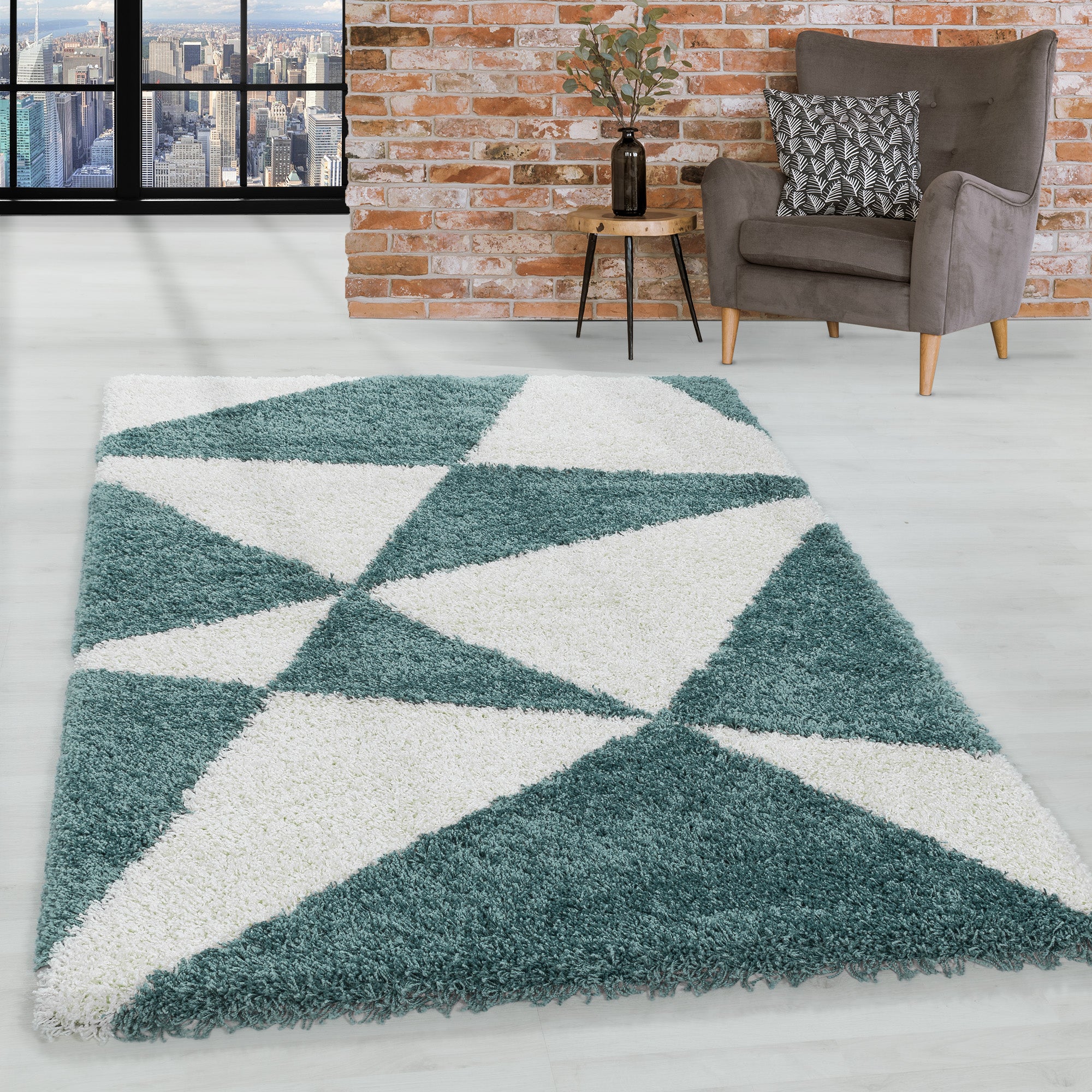 Design Hochflor Teppich Wohnzimmerteppich Dreieck Muster Abstrakt