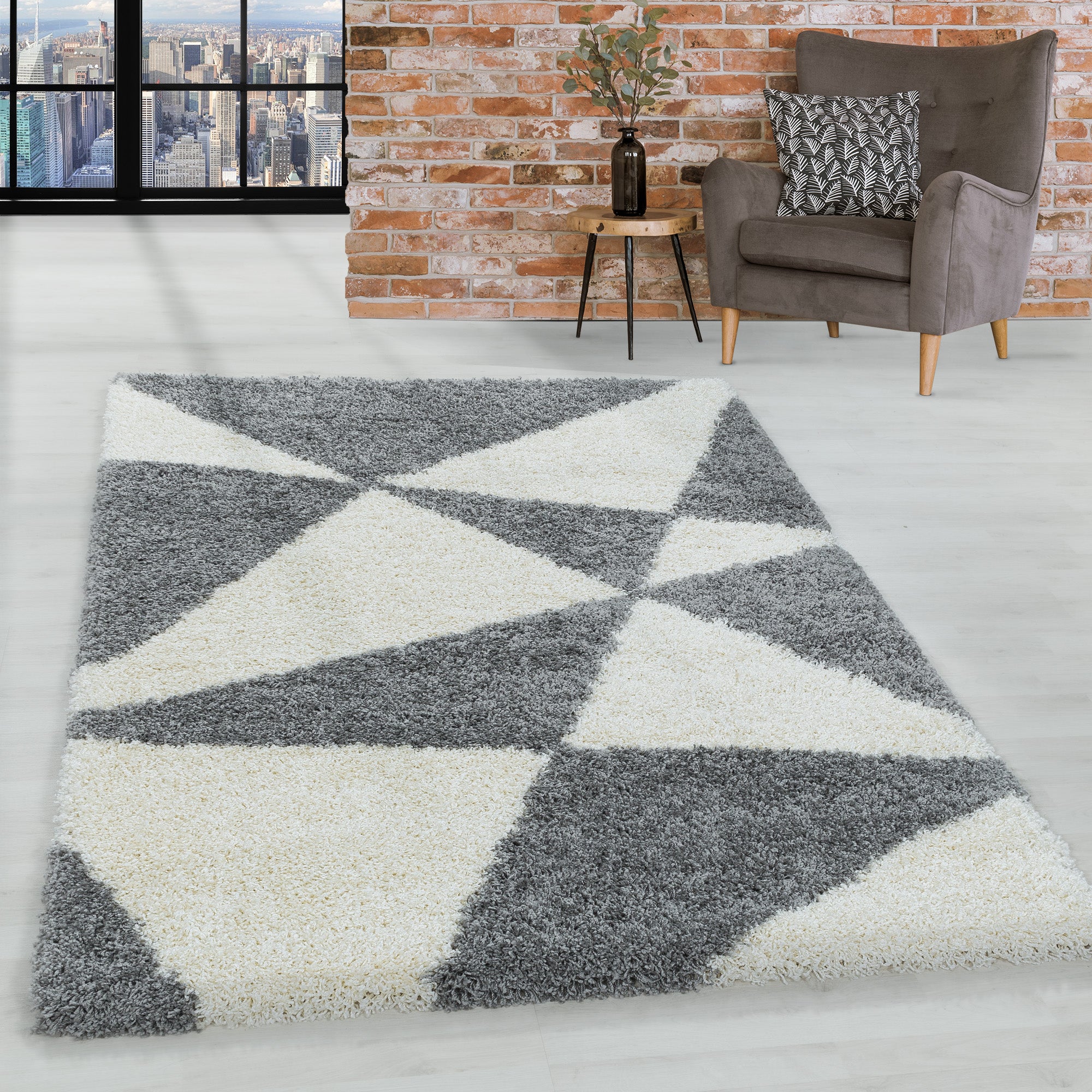 Design Hochflor Teppich Wohnzimmerteppich Dreieck Muster Abstrakt