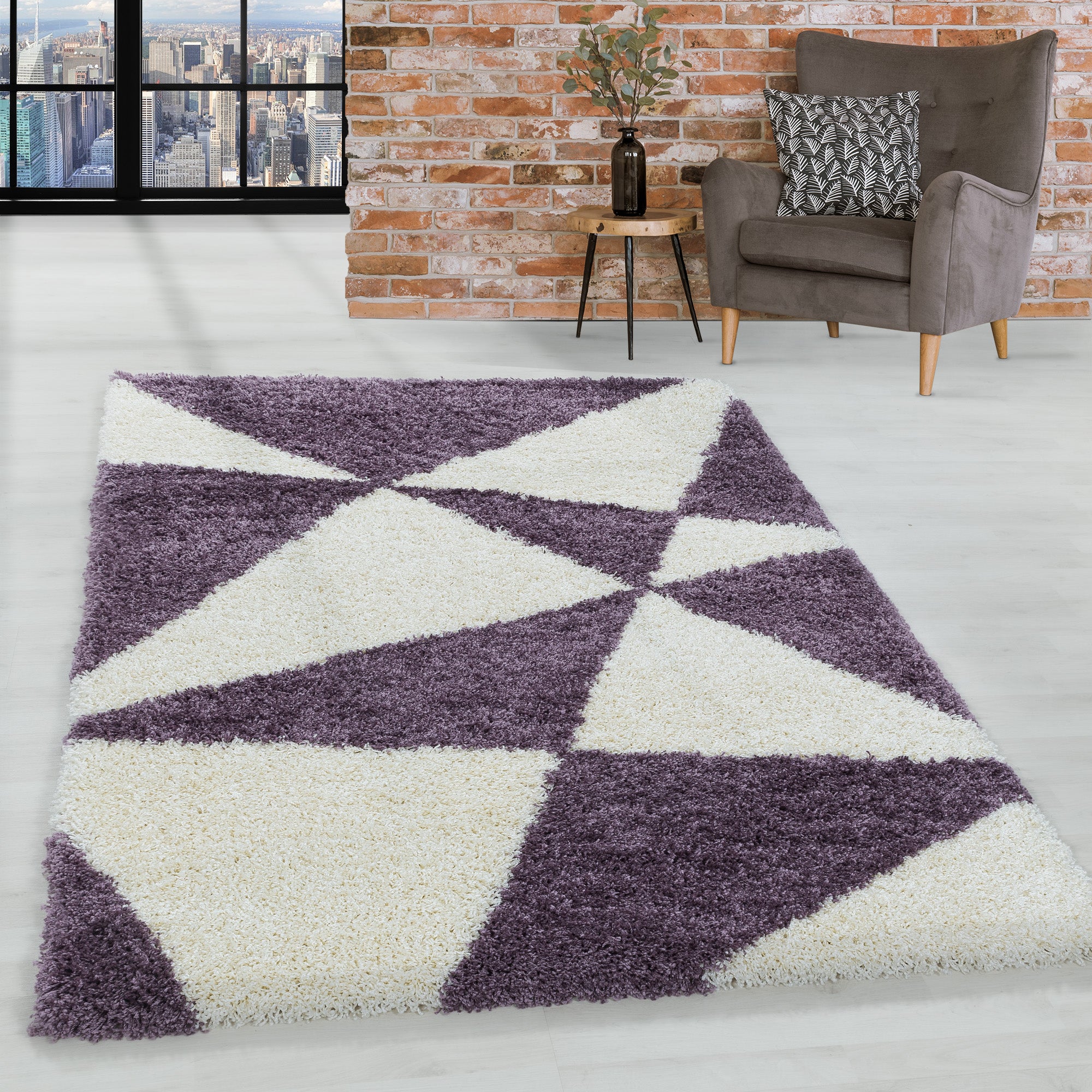 Design Hochflor Teppich Wohnzimmerteppich Dreieck Muster Abstrakt
