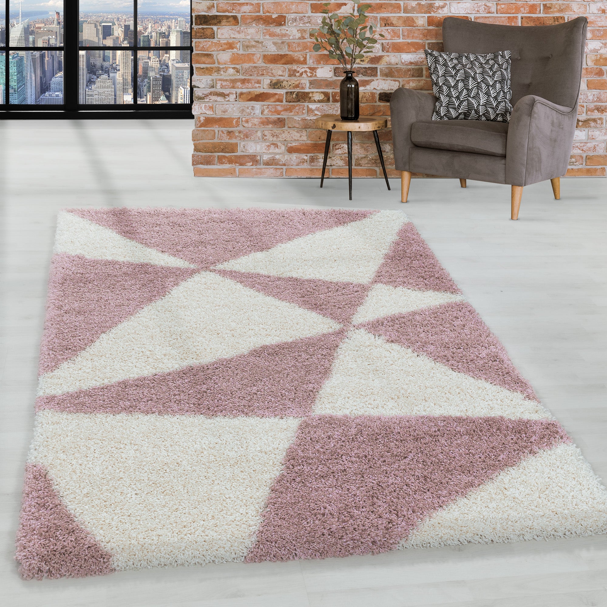 Design Hochflor Teppich Wohnzimmerteppich Dreieck Muster Abstrakt