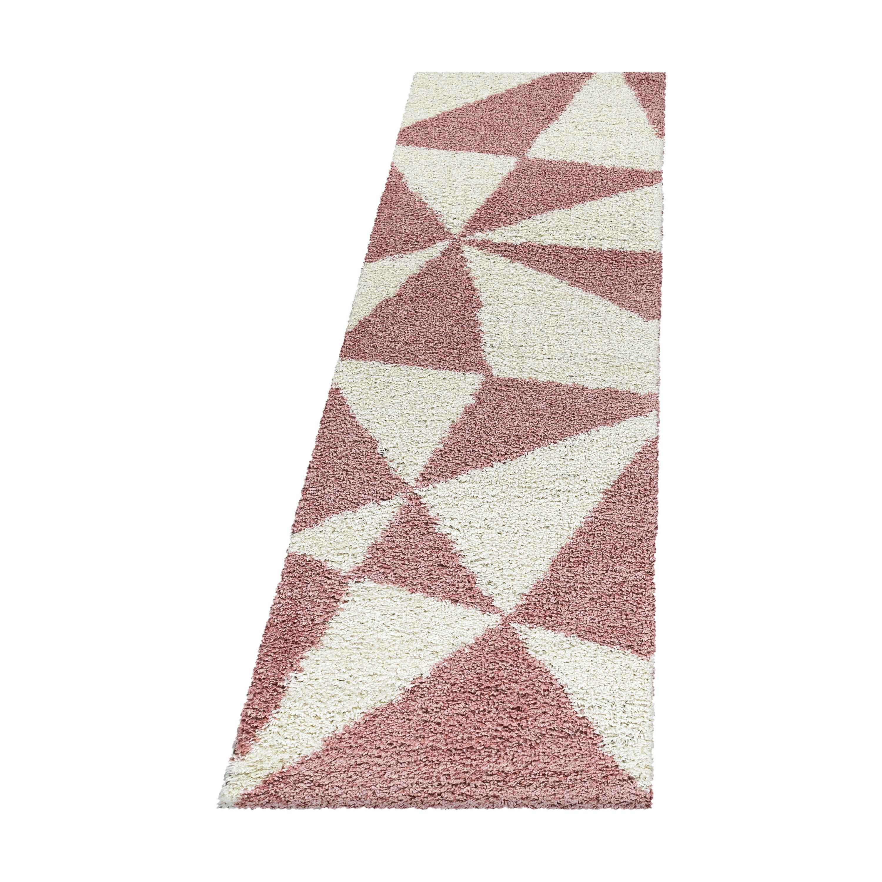 Design Teppich Set Shaggy Bettumrandung Läufer Set Muster Dreiecke 3 Teile Rose