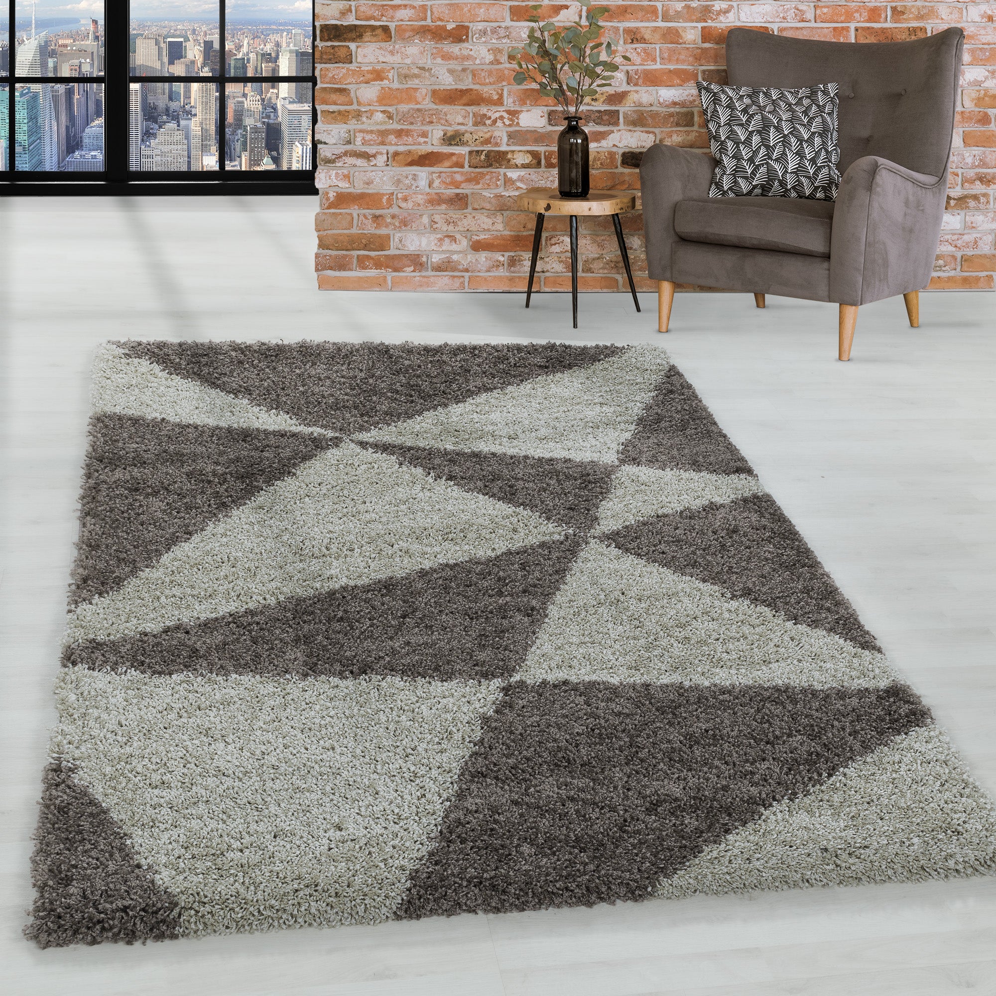 Design Hochflor Teppich Wohnzimmerteppich Dreieck Muster Abstrakt