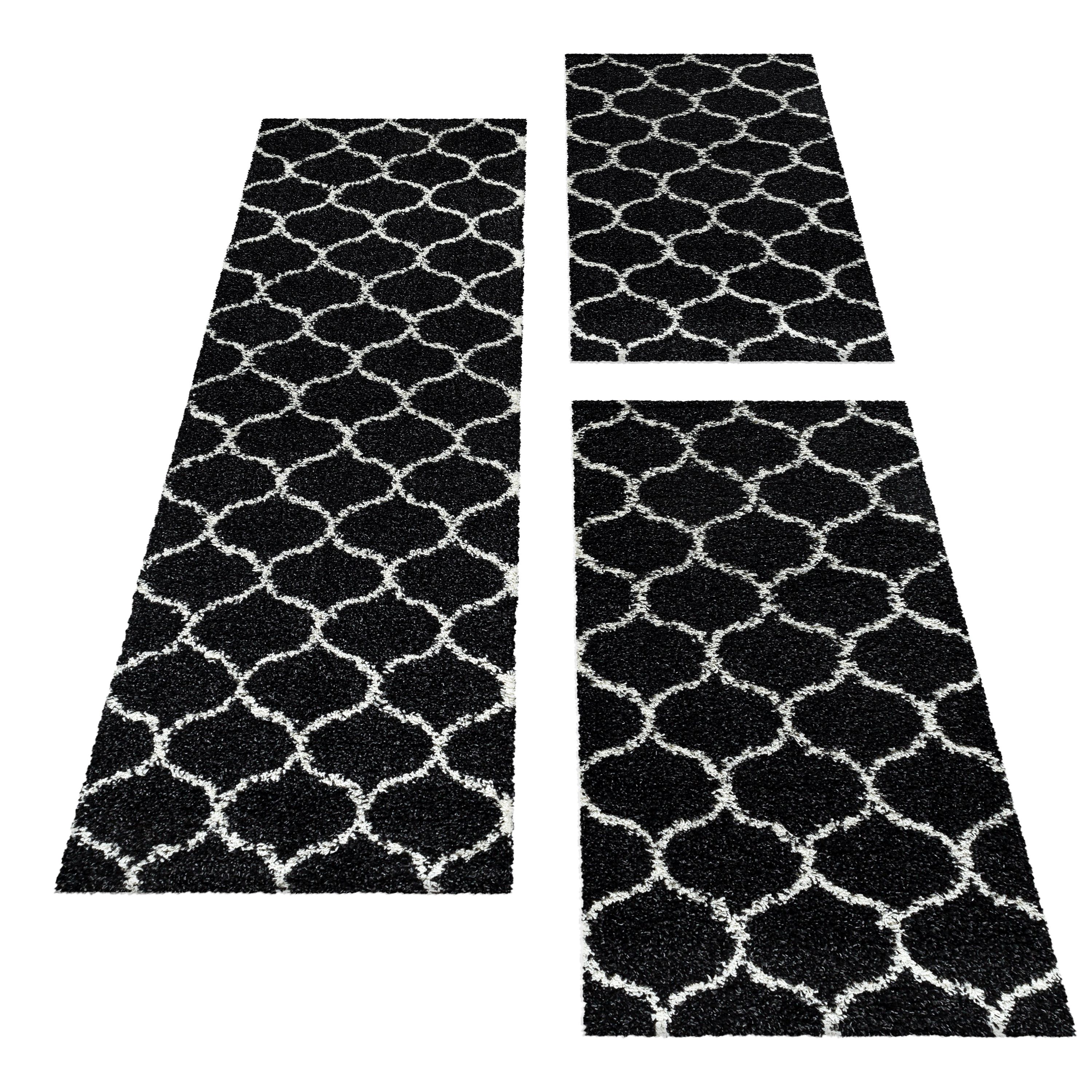 Teppich Set Shaggy Läufer Läuferset Design Kachel Jacquard 3 Teile Anthrazit
