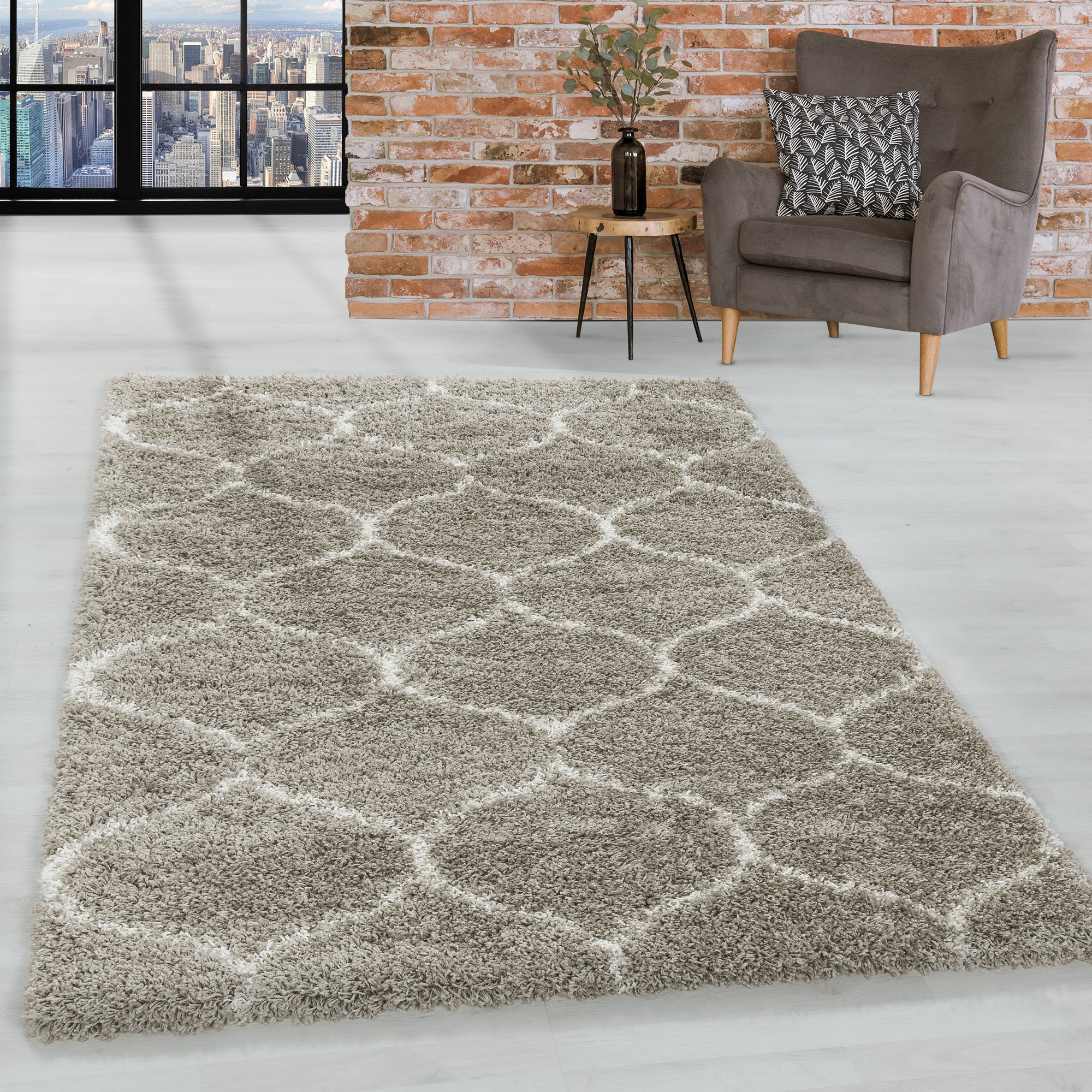 Design Hochflor Teppich Wohnzimmerteppich Muster Kachel Tile Jacquard