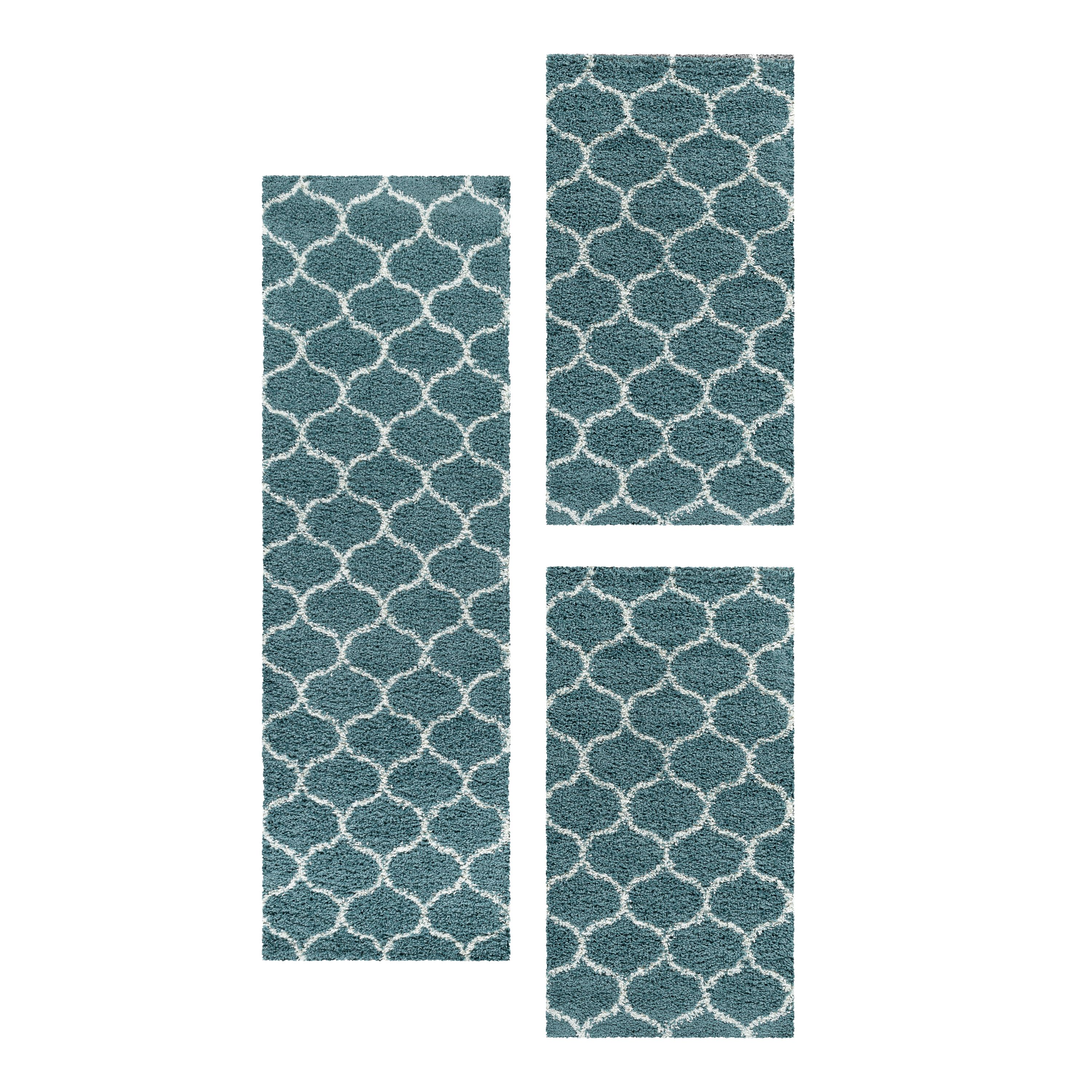Design Teppich Set Shaggy Läufer Läuferset Muster Kachel Tile Jacquard 3 Teile