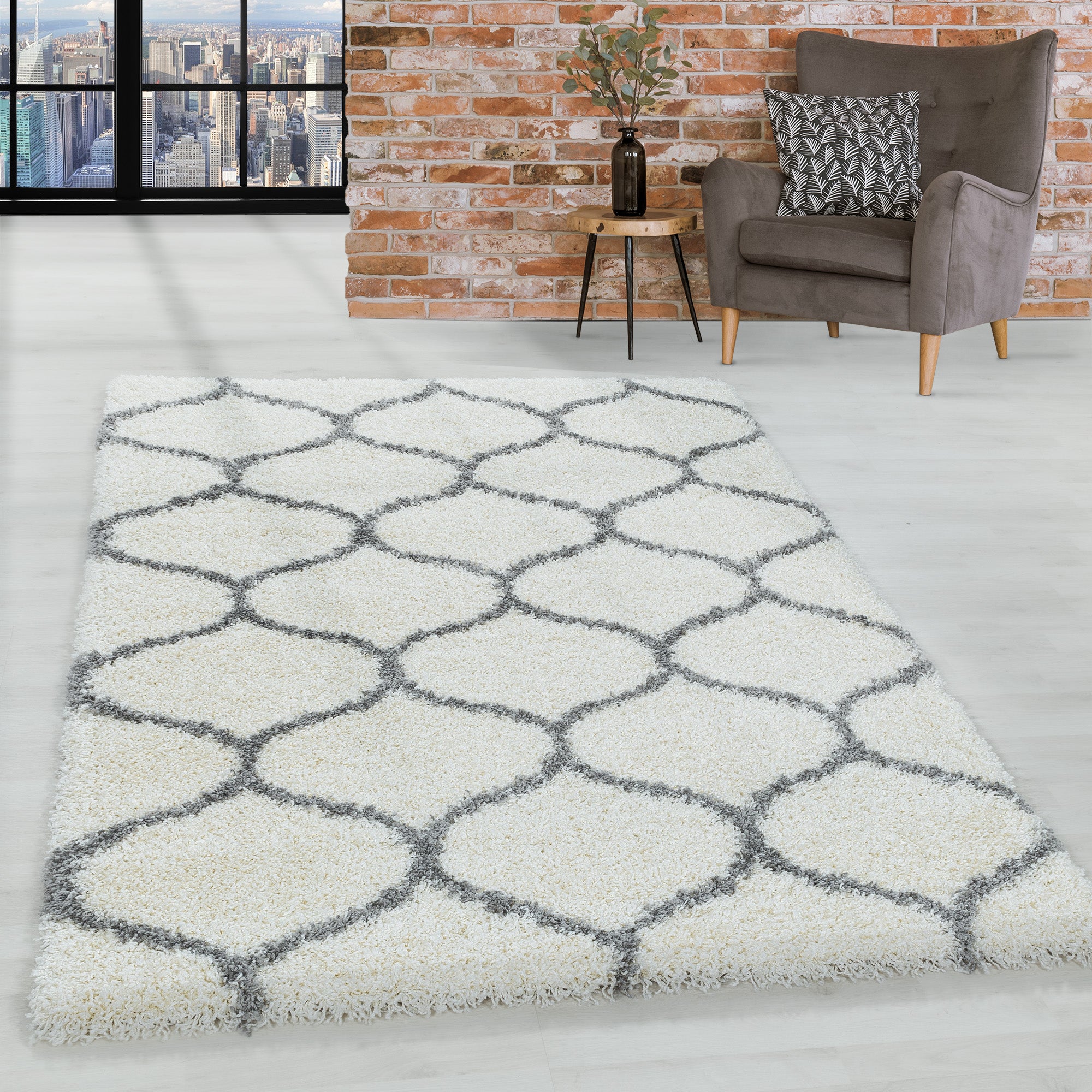 Design Hochflor Teppich Wohnzimmerteppich Muster Kachel Tile Jacquard