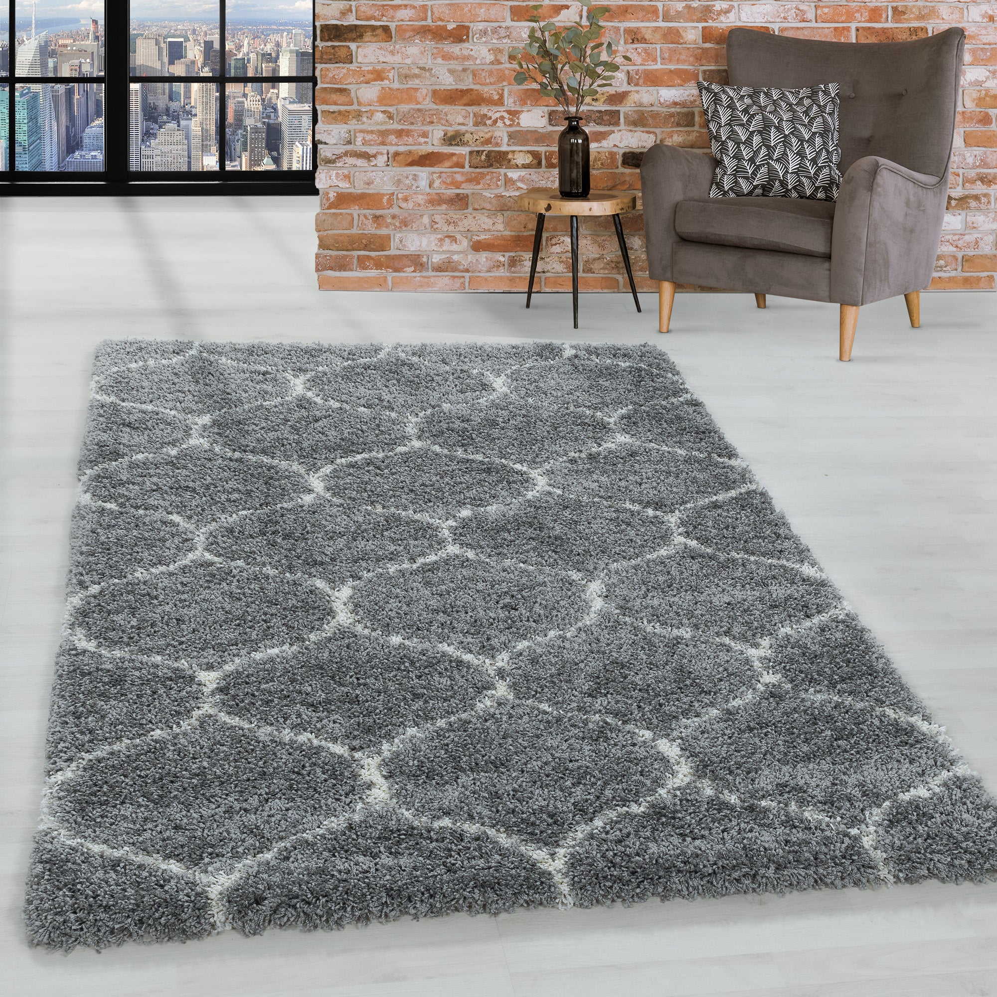 Design Hochflor Teppich Wohnzimmerteppich Muster Kachel Tile Jacquard
