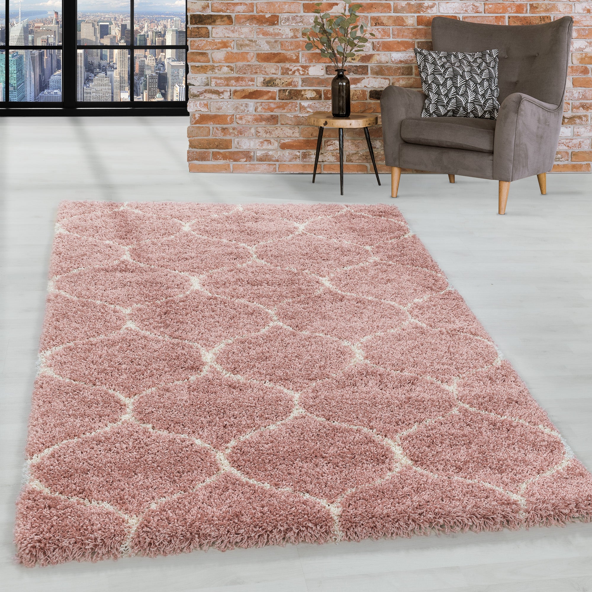 Design Hochflor Teppich Wohnzimmerteppich Muster Kachel Tile Jacquard