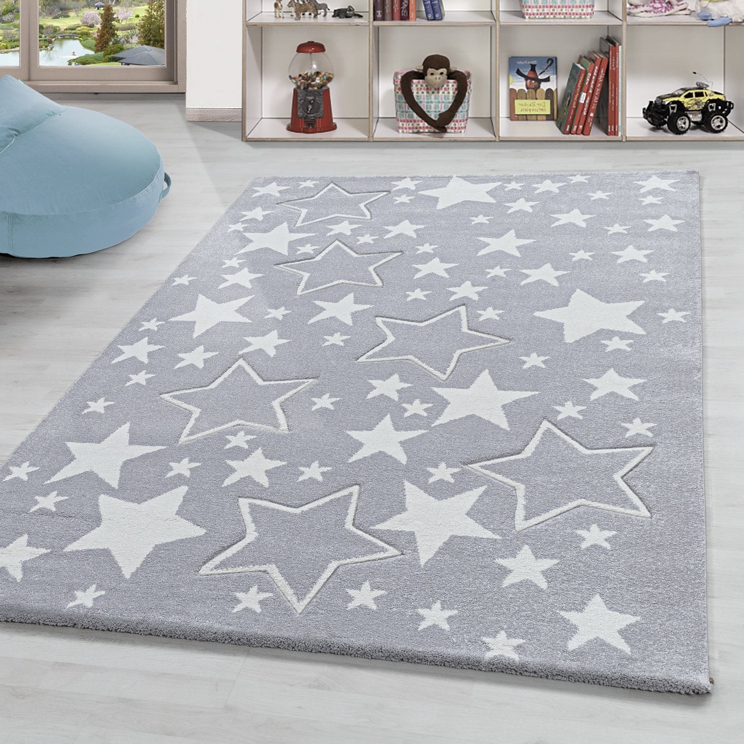 Kinderteppich Sterne muster Babyzimmer Kinderzimmer Silber Weiß Farbe