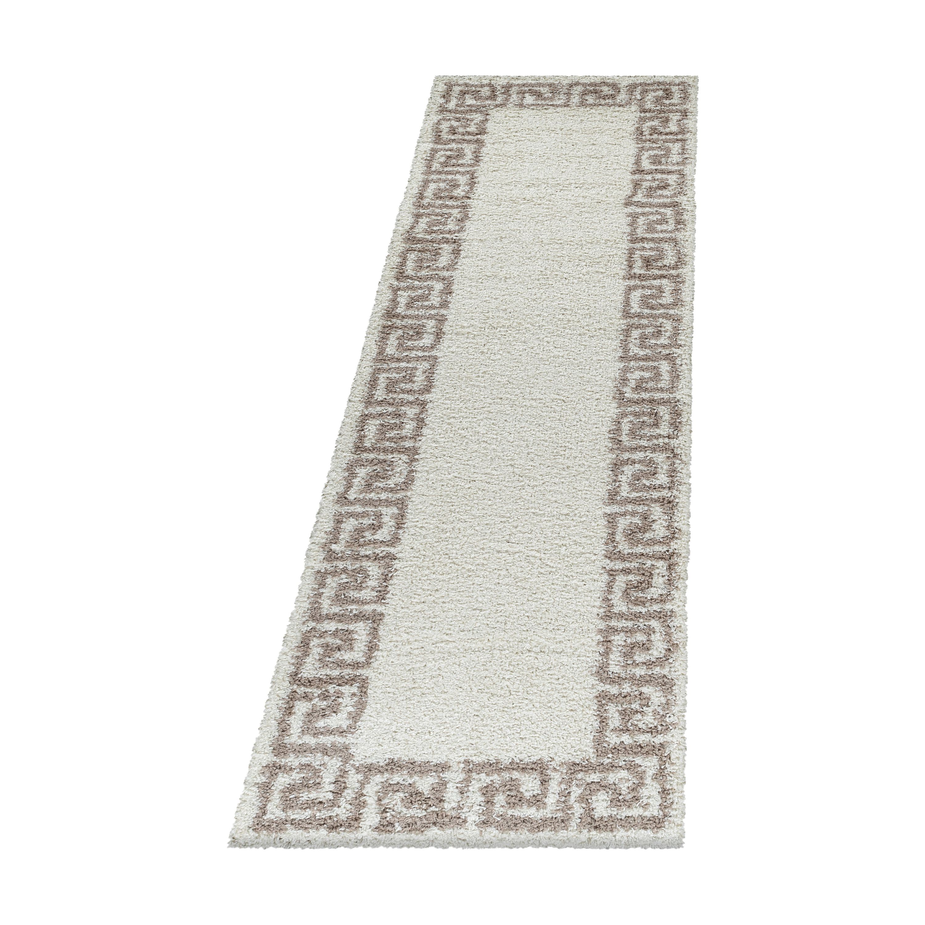 Bettumrandung Teppich Hochflor Langflor Shaggy Greek Bordüre Design Schlafzimmer 30 mm Florhöhe Flauschig Weich Rechteckig 3 Teile Läufer Beige