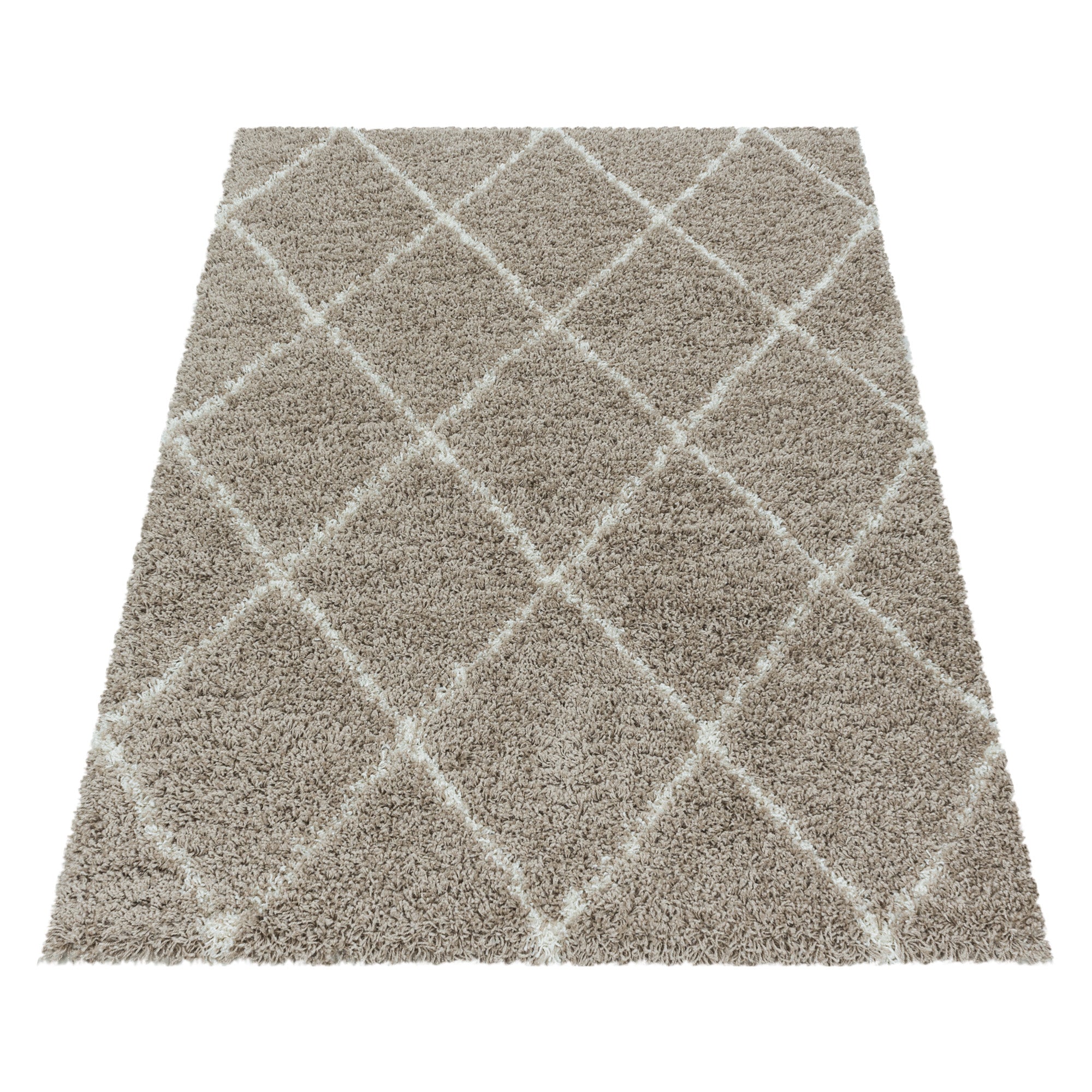 Design Hochflor Teppich Wohnzimmerteppich Muster Raute Flor Weich Farbe Beige