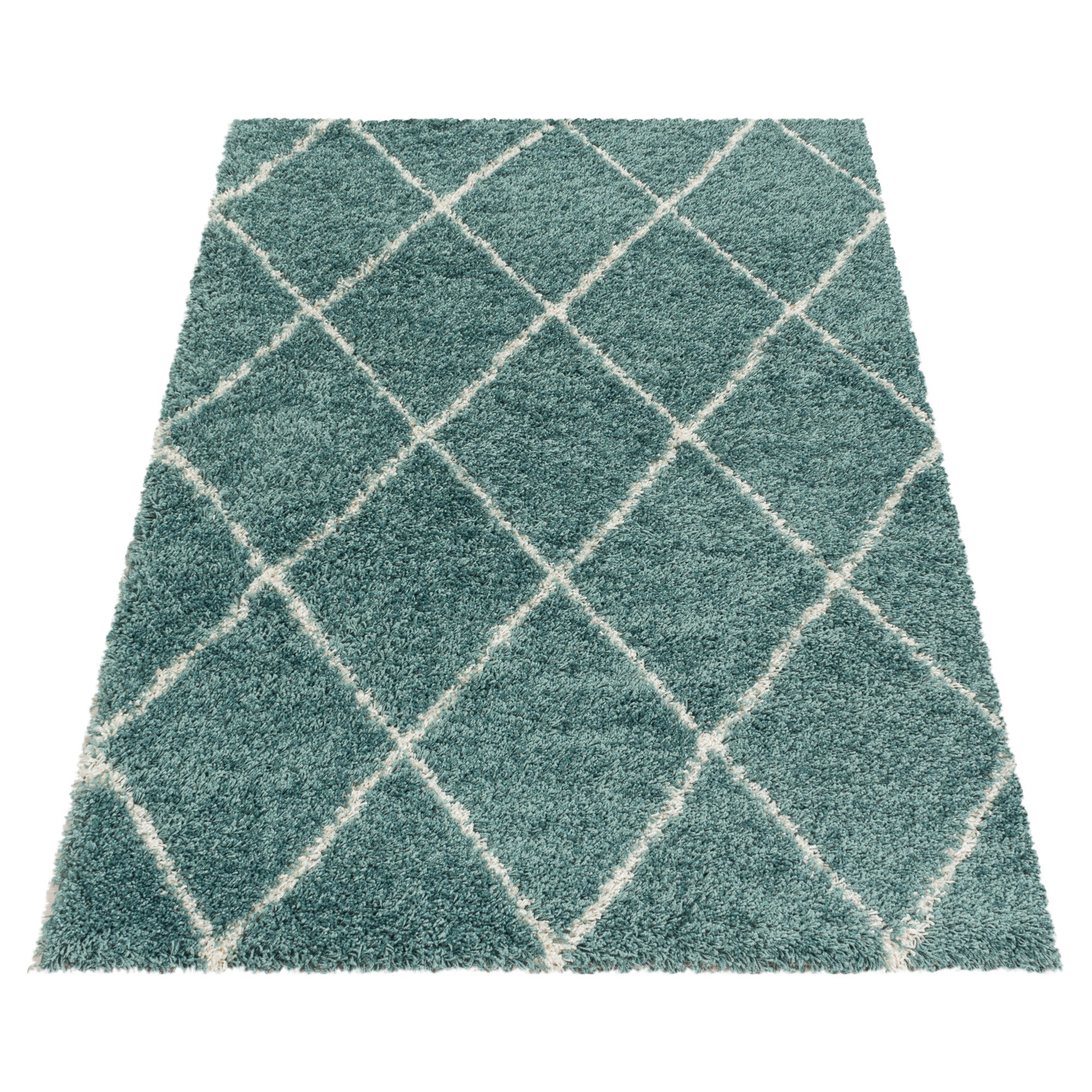 Design Hochflor Teppich Wohnzimmerteppich Muster Raute Flor Weich Farbe Blau