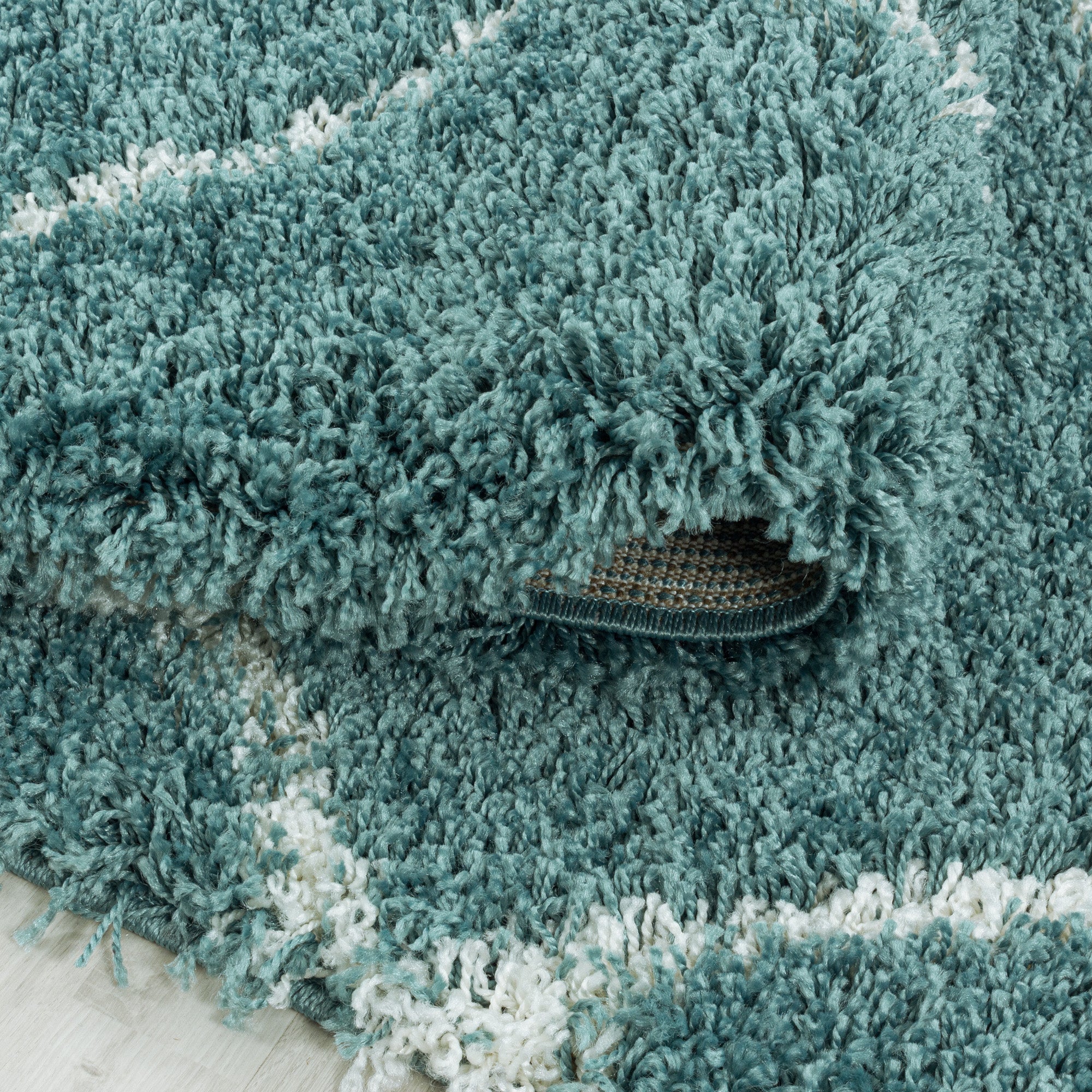 Design Hochflor Teppich Wohnzimmerteppich Muster Raute Flor Weich Farbe Blau