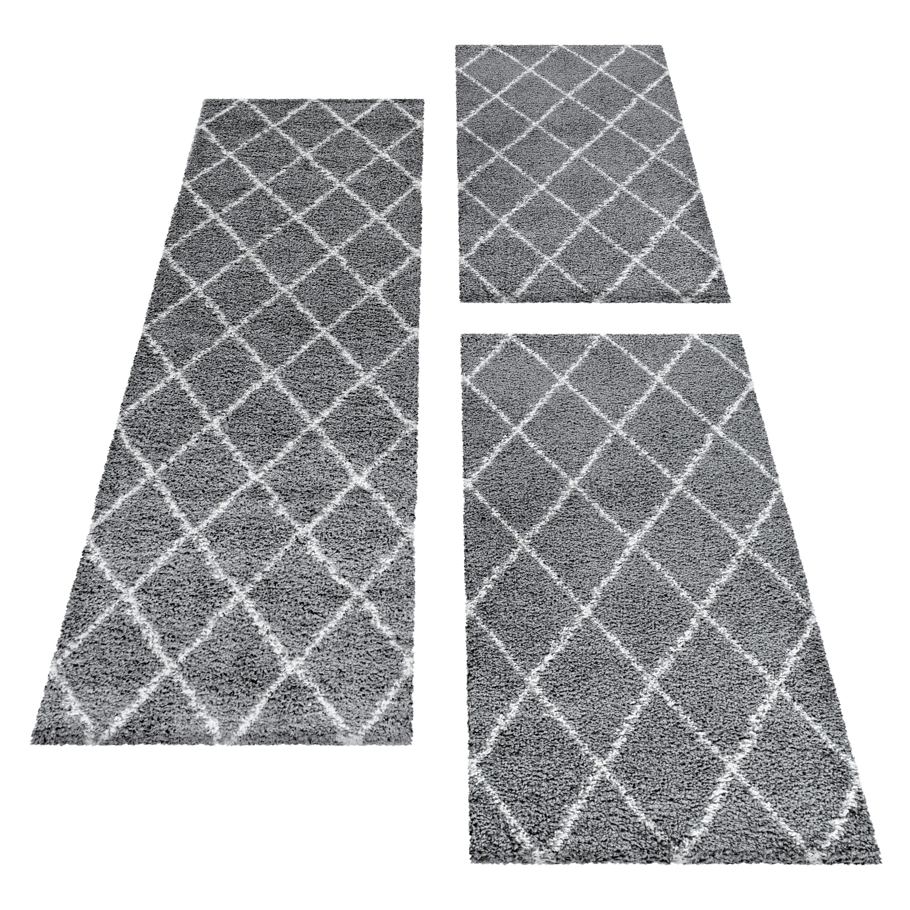 Design Shaggy Teppich Set Hochflor Bettumrandung Läufer Läuferset Grau 3 Teile
