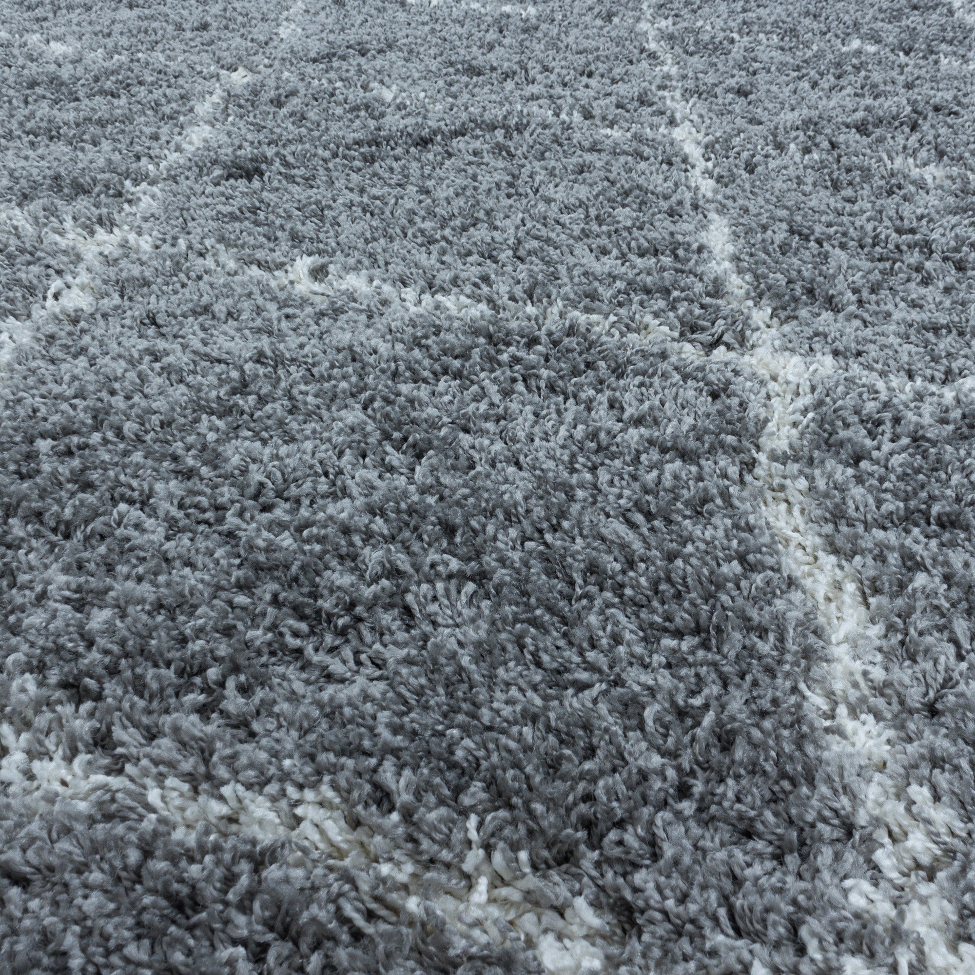 Design Hochflor Teppich Wohnzimmerteppich Muster Raute Flor Weich Farbe Grau