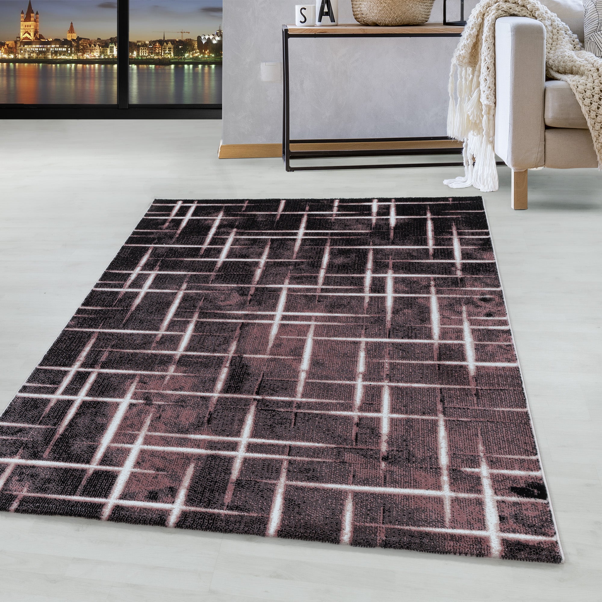 Kurzflor Design Teppich Wohnzimmerteppich Gitter Muster Soft Flor Pink