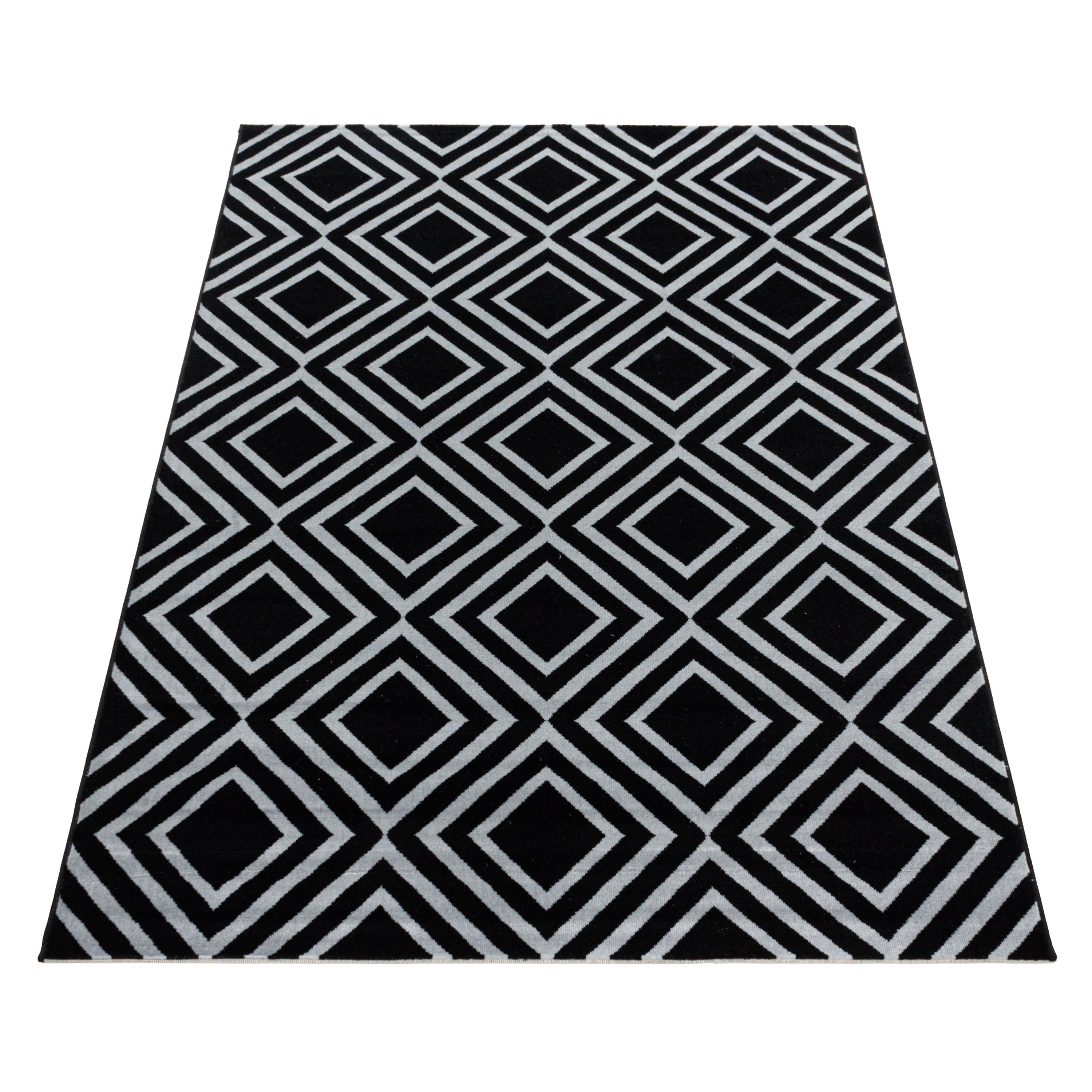Weicher Kurzflor Teppich Wohnzimmerteppich Rauten Gitter Design Schwarz