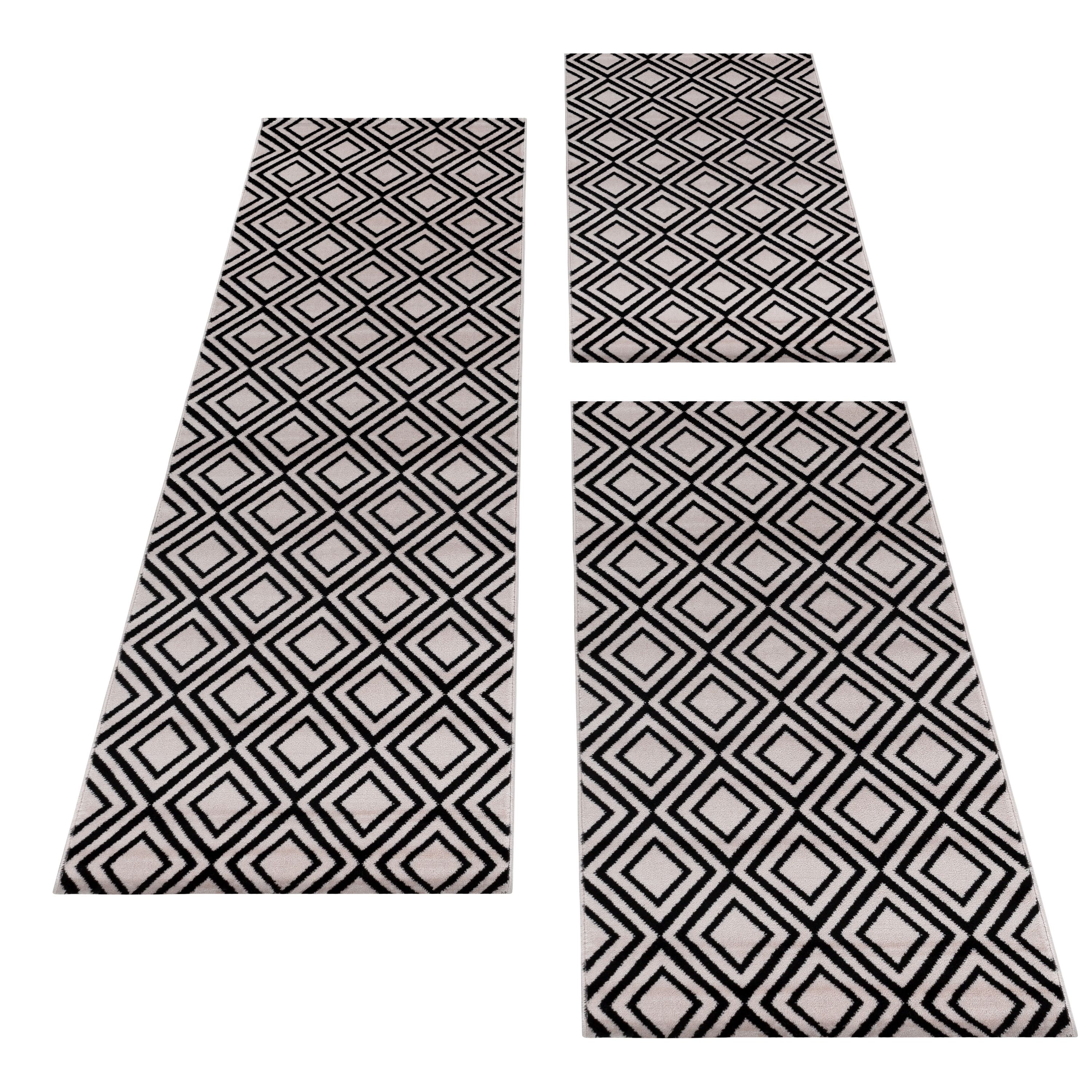 Kurzflor Teppich Set Schlafzimmer Läufer Rauten Gitter Design 3 Teile Pink