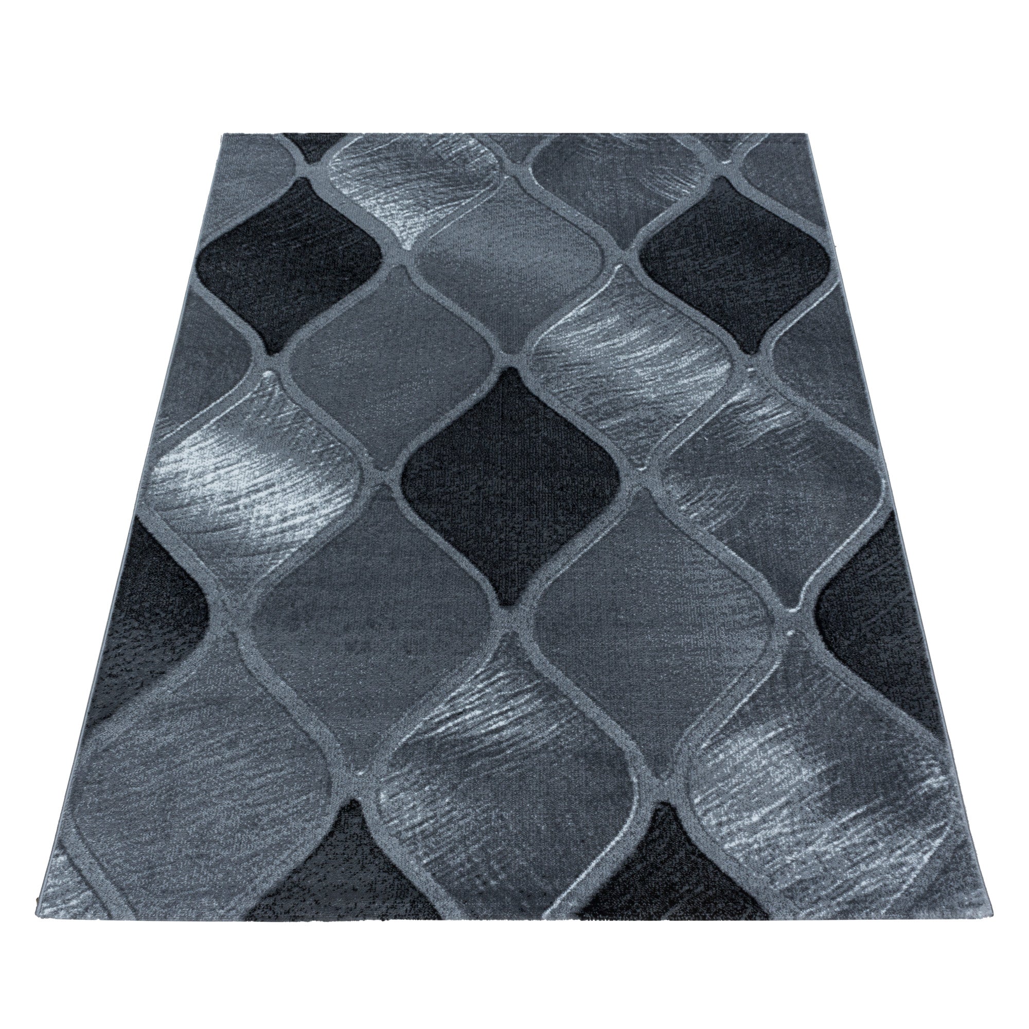 Weicher Kurzflor Teppich Wohnzimmerteppich Rundes Gitter Design Schwarz