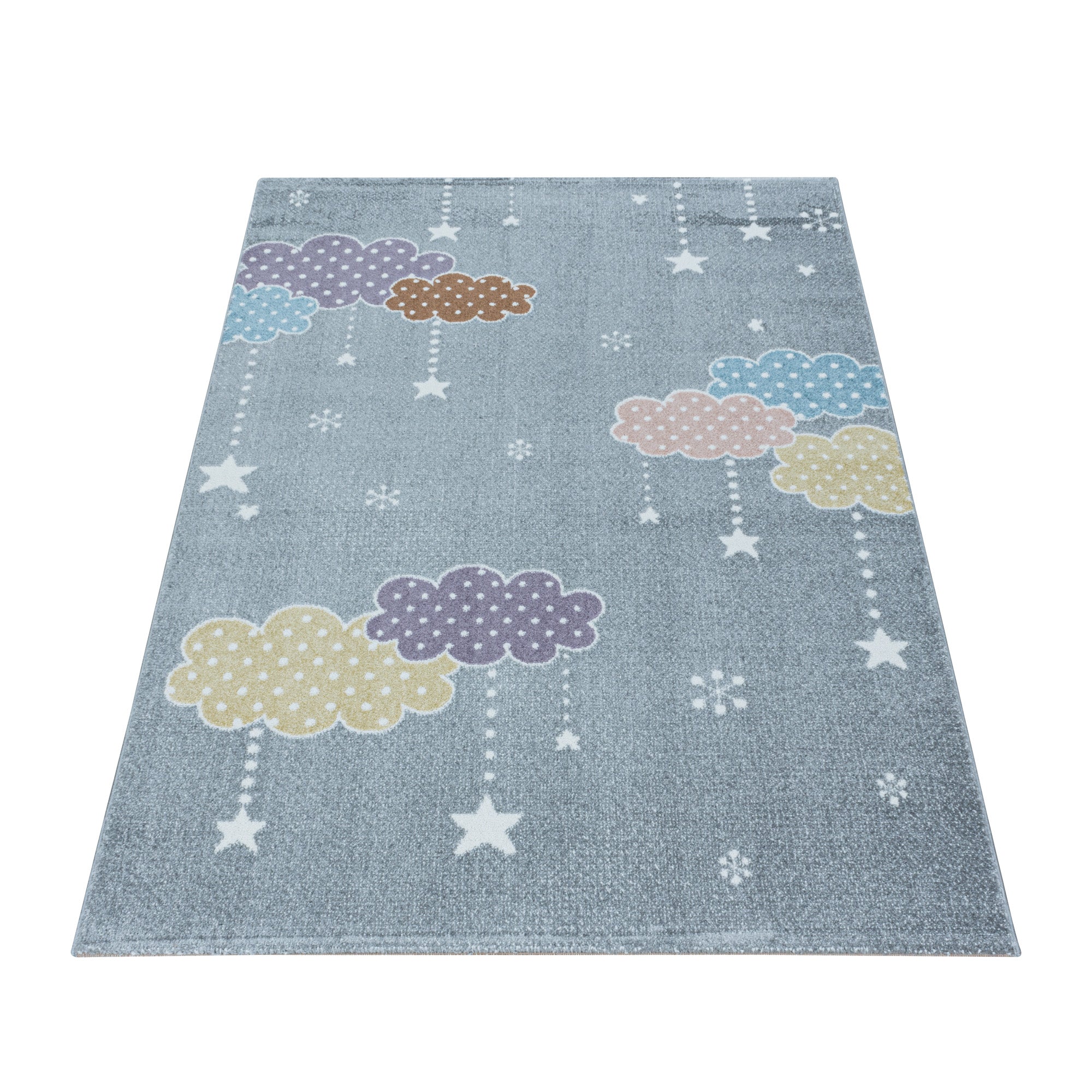 Kurzflor Kinderteppich Kinderzimmer Teppich Bunte Wolken Sterne Weich Grau