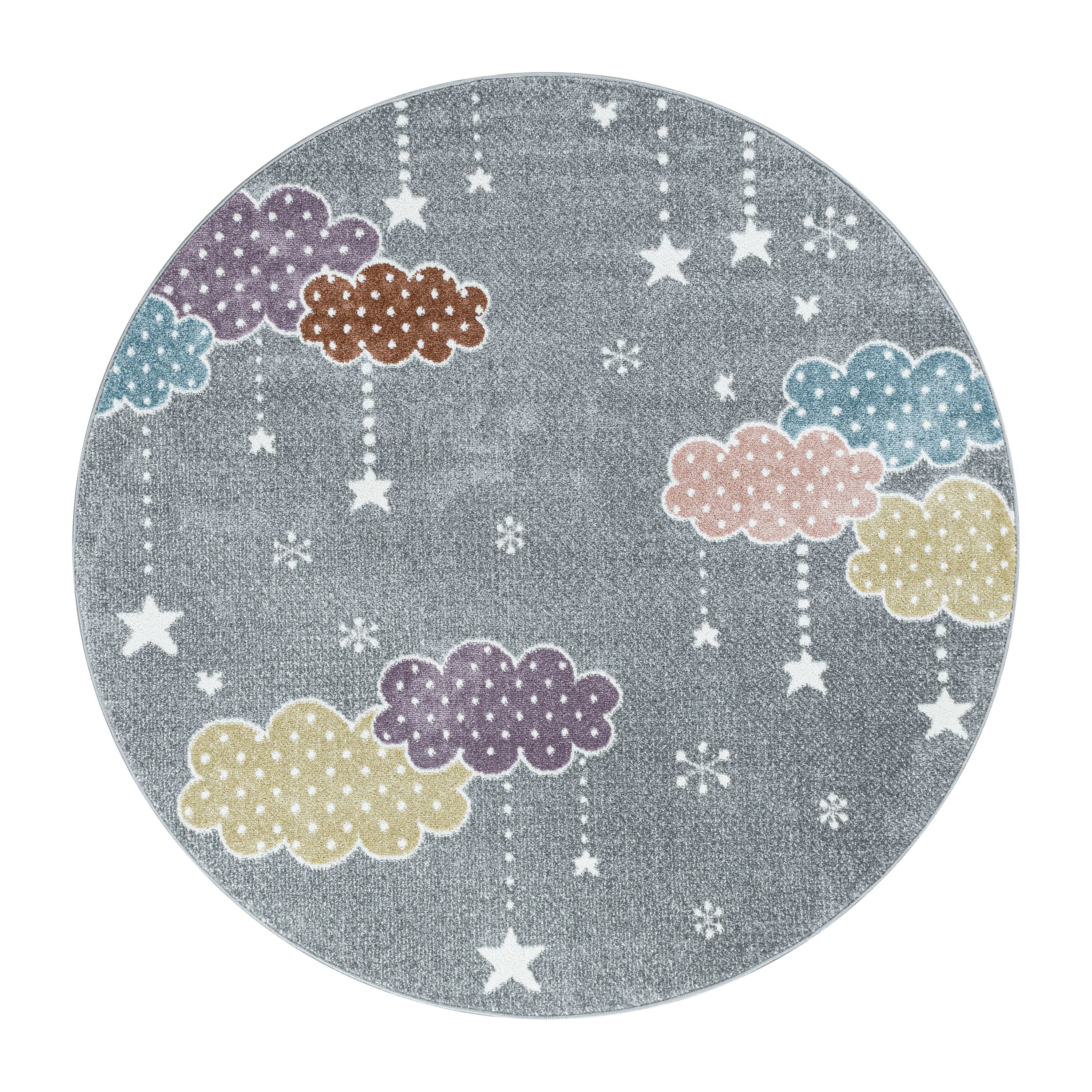 Kurzflor Kinderteppich Kinderzimmer Teppich Bunte Wolken Sterne Weich Grau