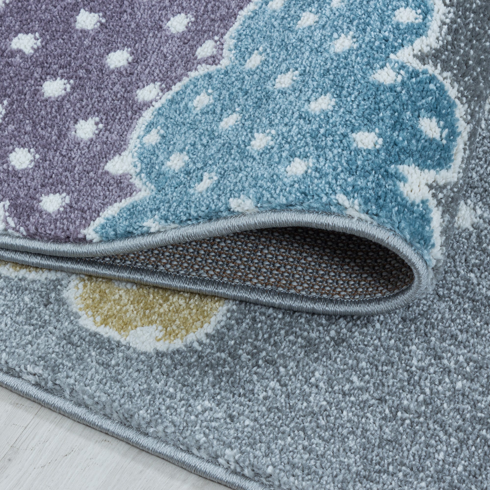 Kurzflor Kinderteppich Kinderzimmer Teppich Bunte Wolken Sterne Weich Grau