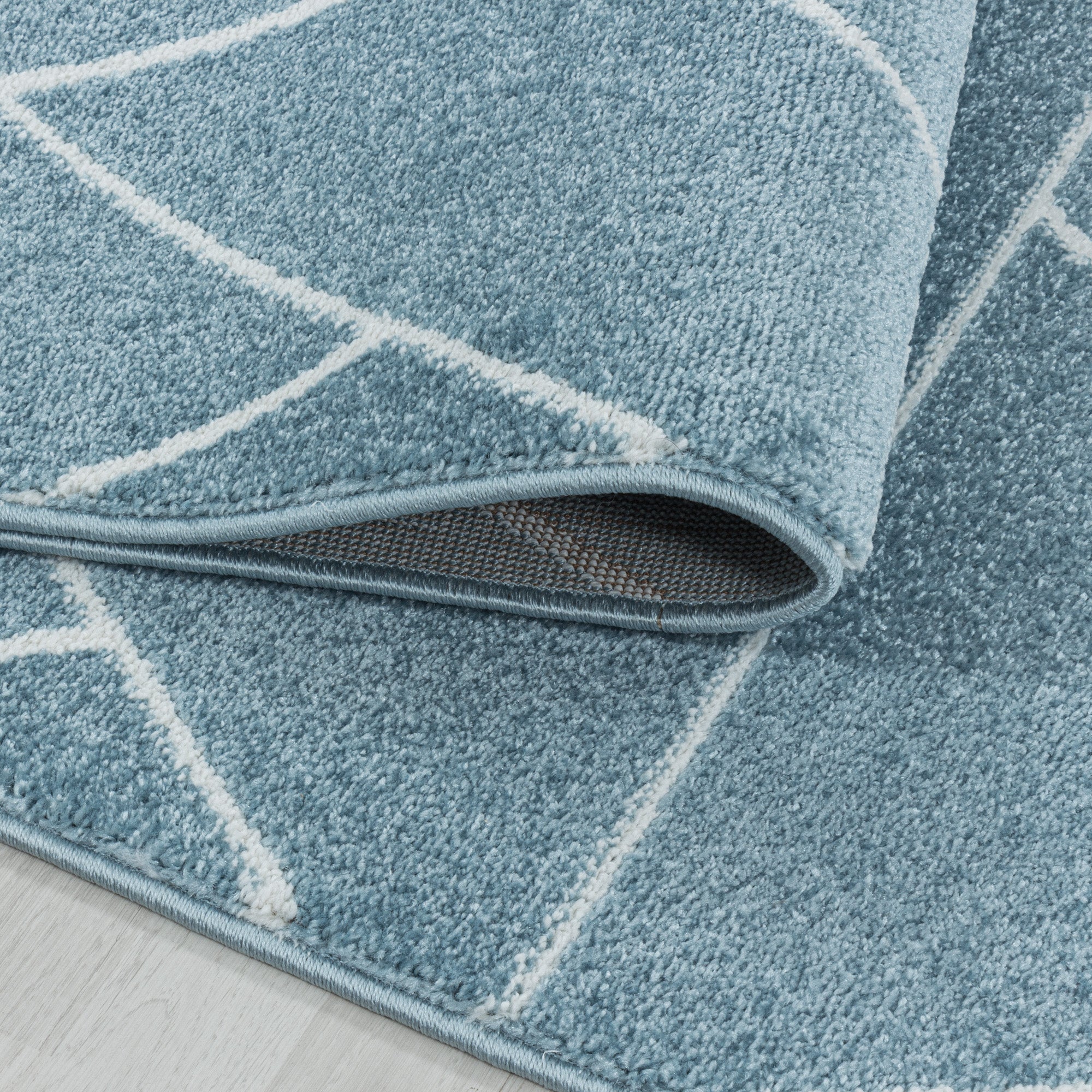 Kurzflor Teppich Set Schlafzimmer Läufer Geometrisches Design 3 Teile Blau