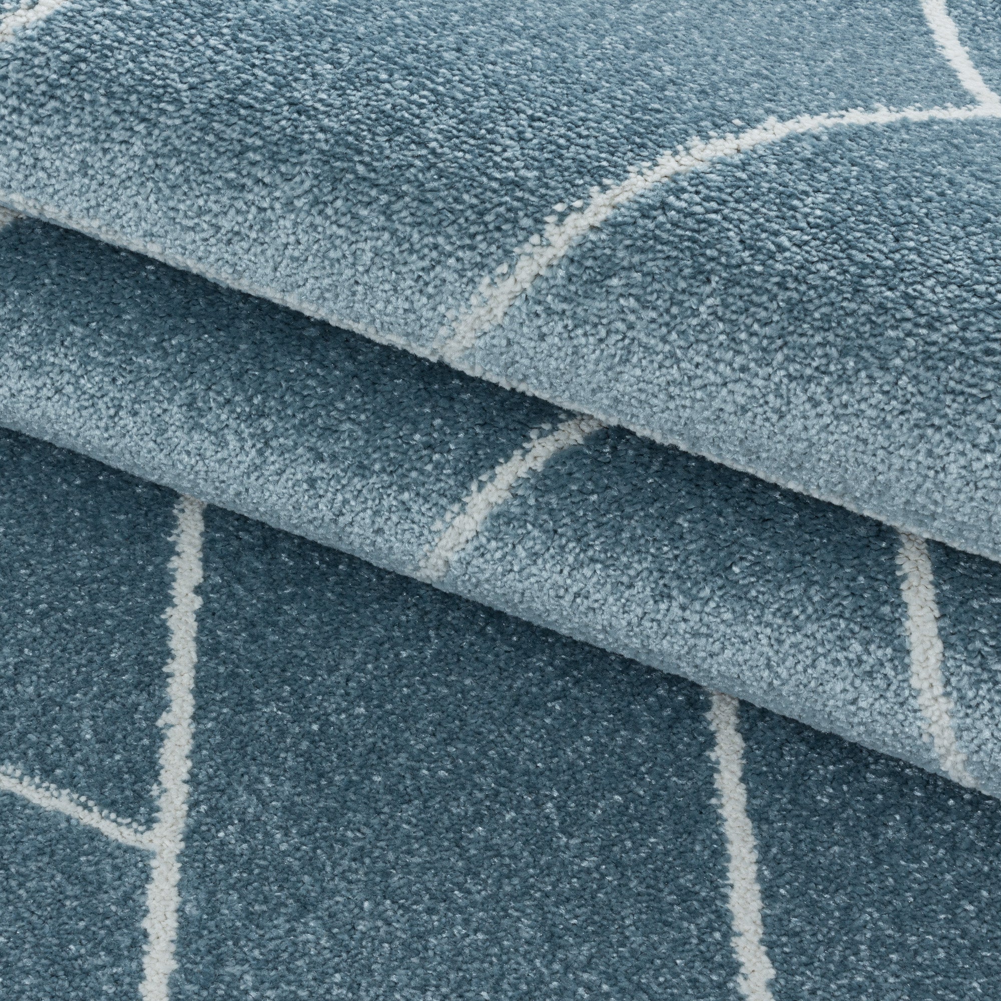Kurzflor Teppich Set Schlafzimmer Läufer Geometrisches Design 3 Teile Blau