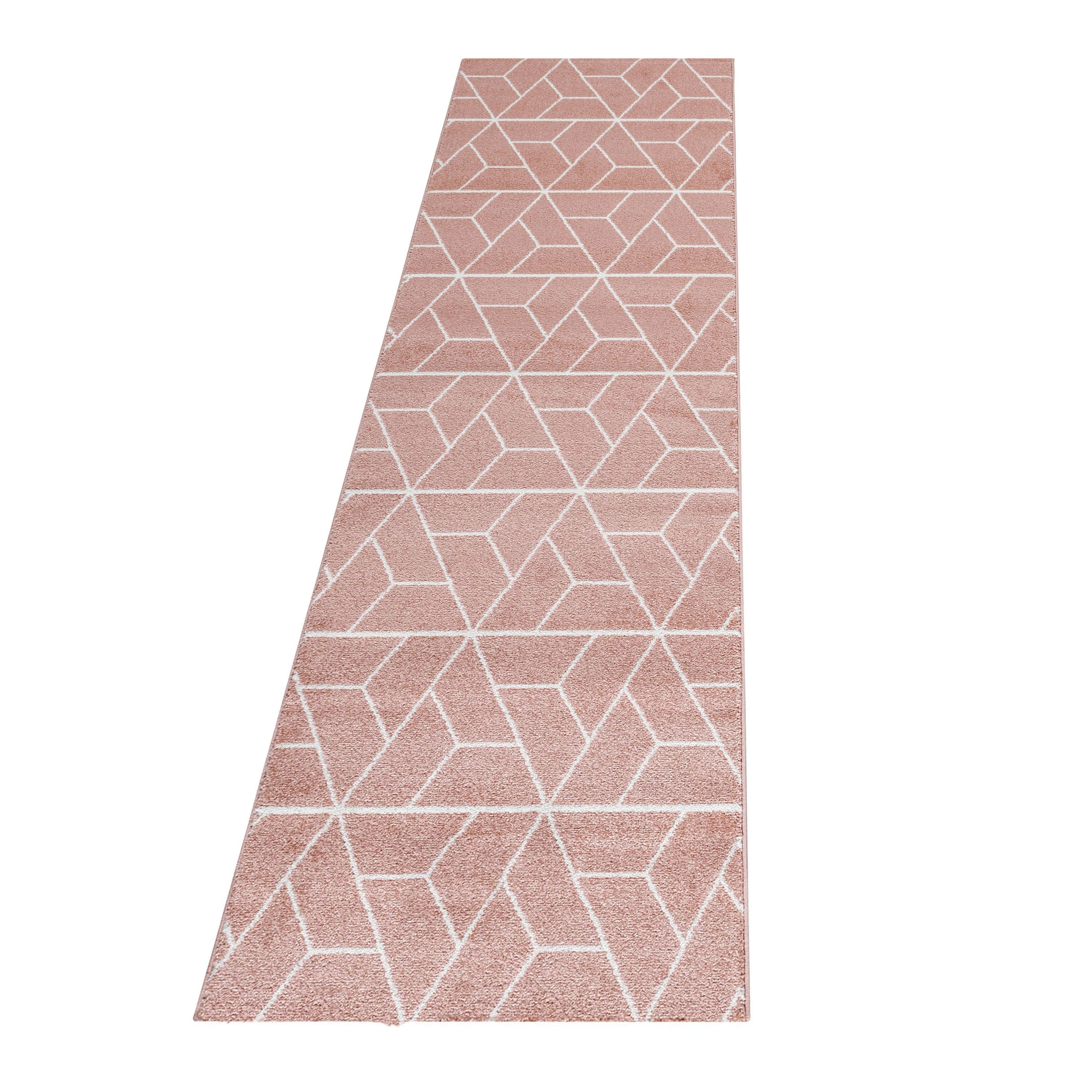Kurzflor Teppich Set Schlafzimmer Läufer Geometrisches Design 3 Teile Rose