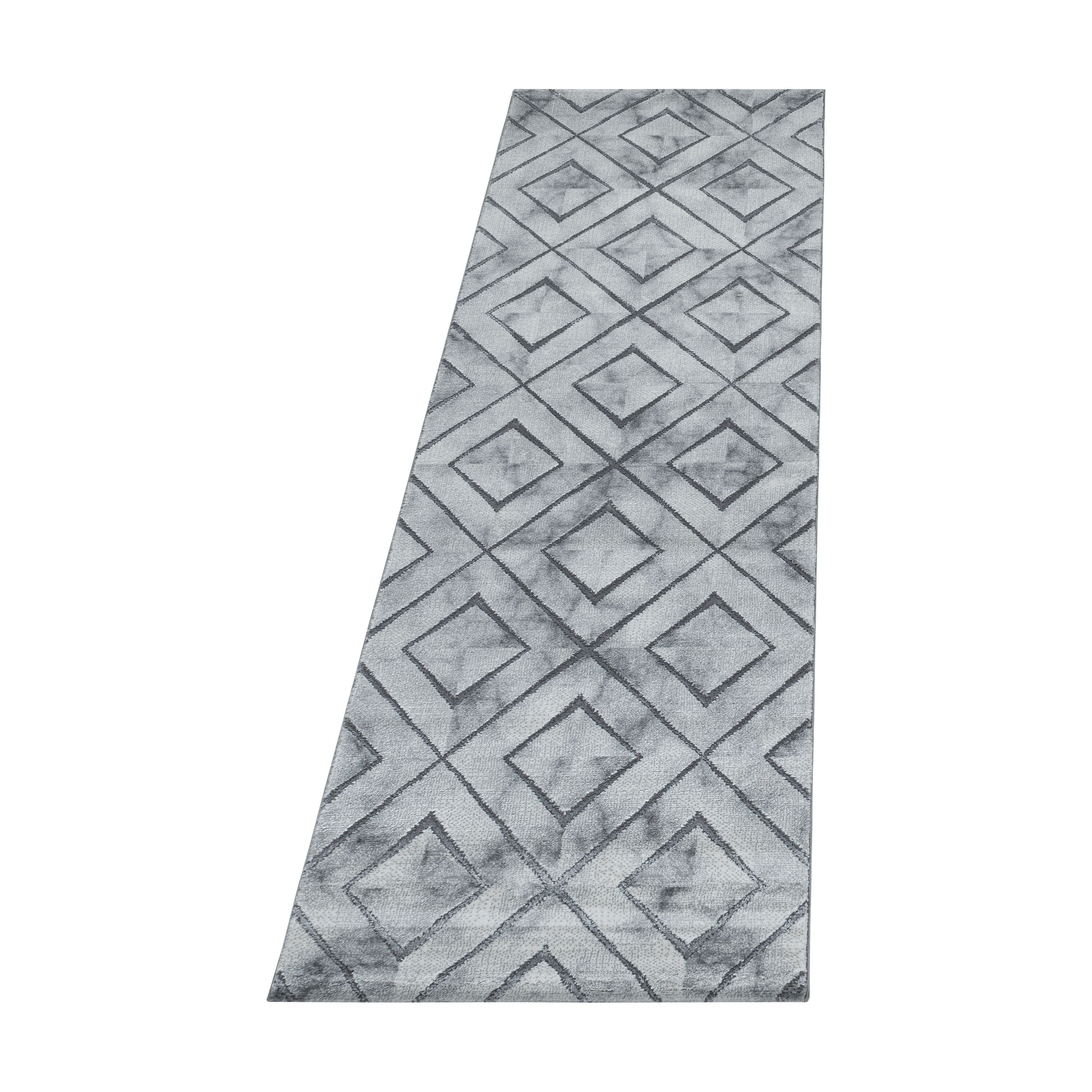 Bettumrandung Teppich Kurzflor 3D Marmoriert Rauten Design Schlafzimmer 12 mm Florhöhe Hochfertig Weich Rechteckig 3 Teile Läufer Creme Silber