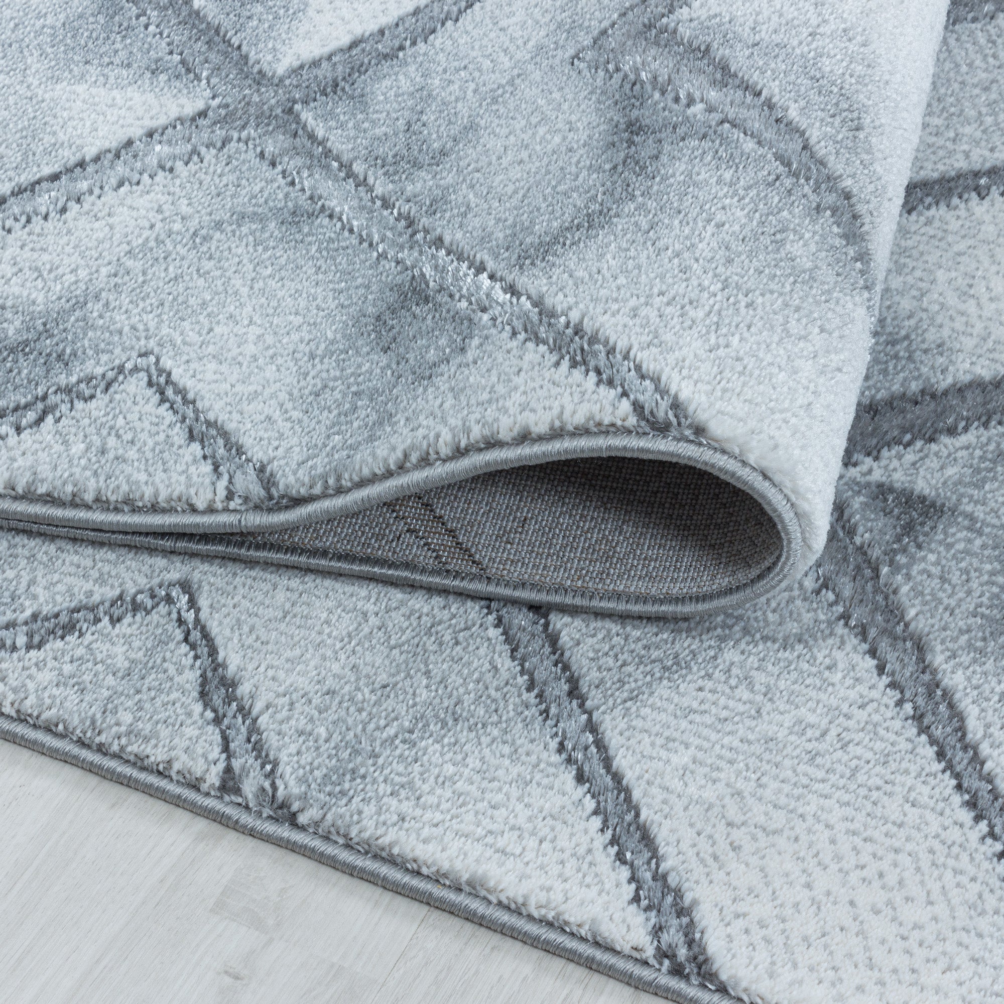 Bettumrandung Teppich Kurzflor 3D Marmoriert Rauten Design Schlafzimmer 12 mm Florhöhe Hochfertig Weich Rechteckig 3 Teile Läufer Creme Silber